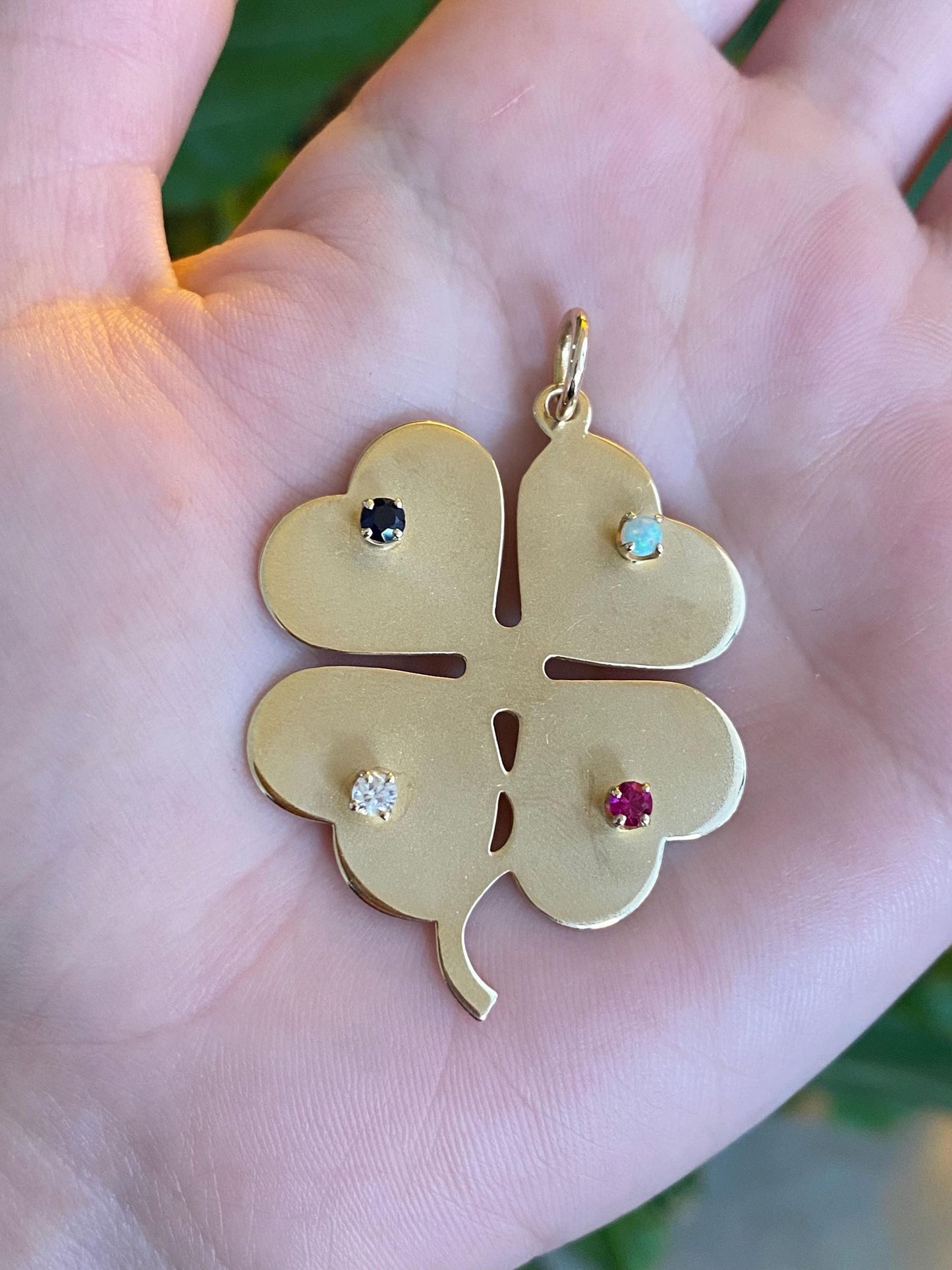 Vintage Solid 14k Yellow Gold Large Opal Pink Clear & Blue Sapphire 4 Leaf Clover Charm