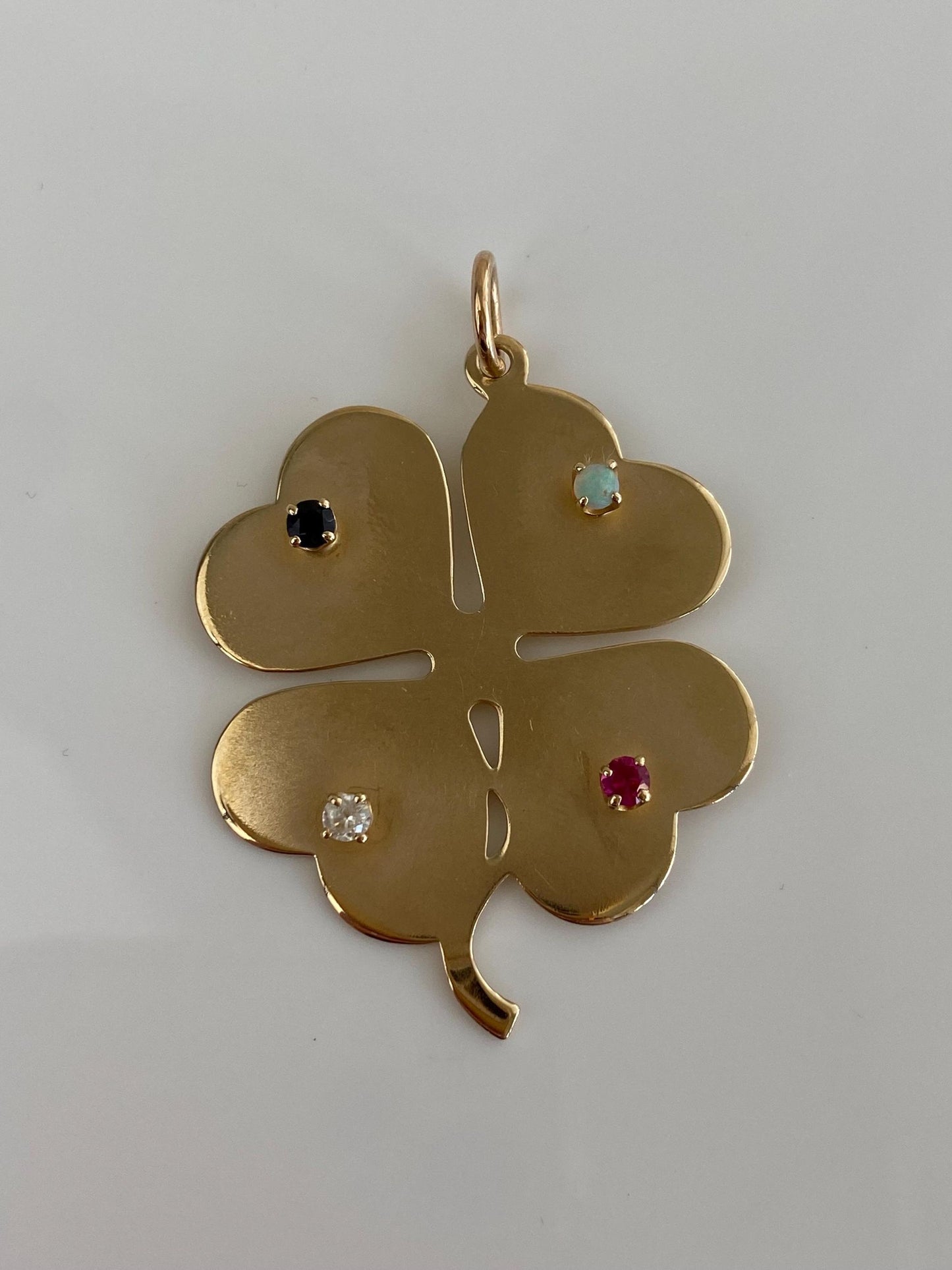 Vintage Solid 14k Yellow Gold Large Opal Pink Clear & Blue Sapphire 4 Leaf Clover Charm