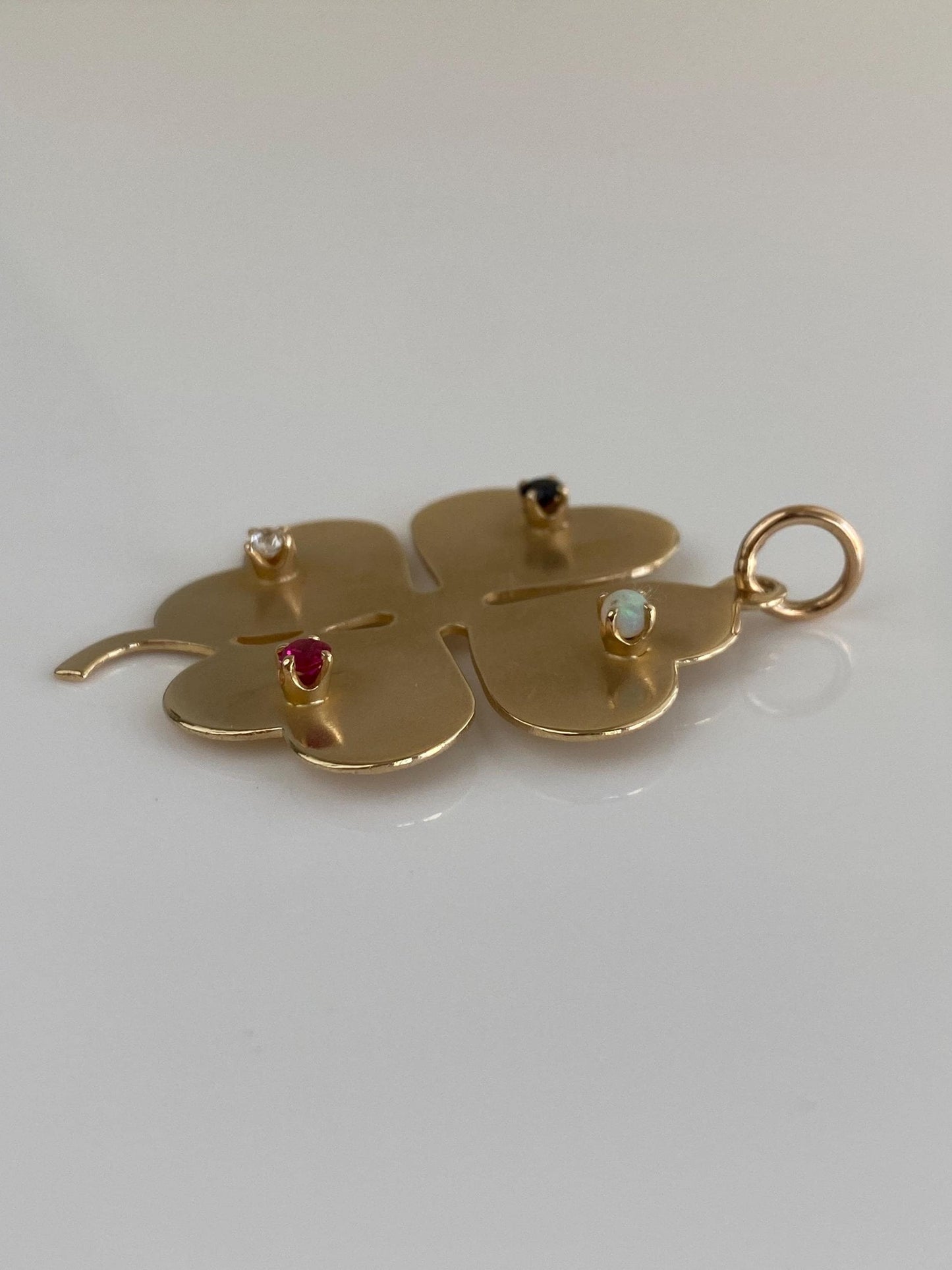 Vintage Solid 14k Yellow Gold Large Opal Pink Clear & Blue Sapphire 4 Leaf Clover Charm