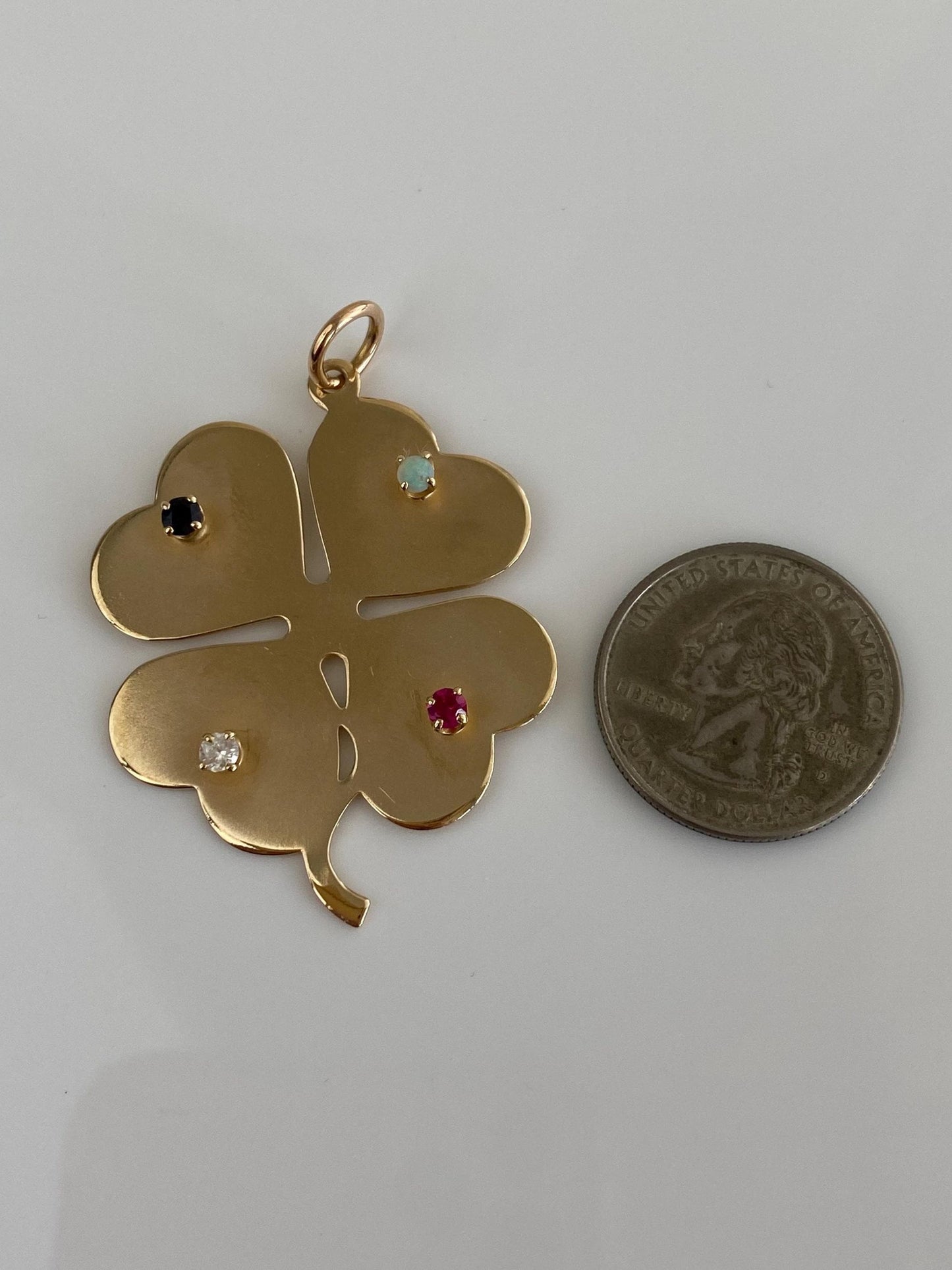 Vintage Solid 14k Yellow Gold Large Opal Pink Clear & Blue Sapphire 4 Leaf Clover Charm