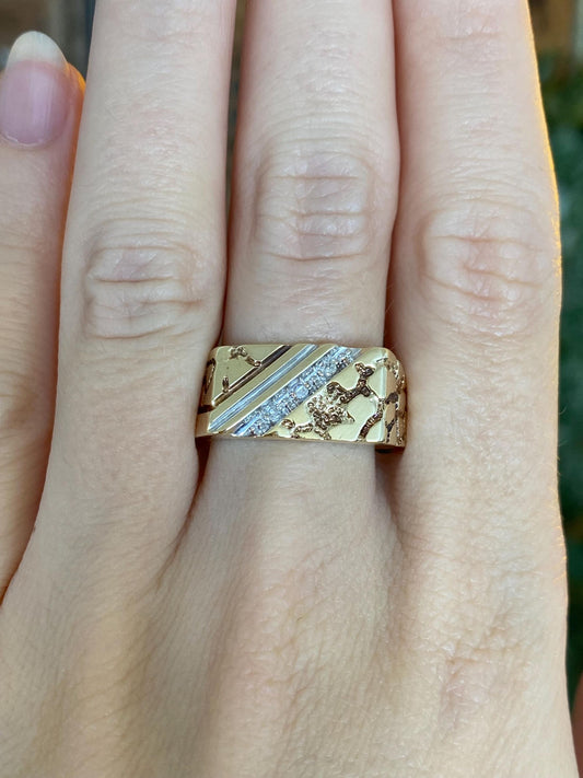 Vintage Solid 10k White & Yellow Gold Diamonds Nugget Texture Signet Ring Band - Size 10.25