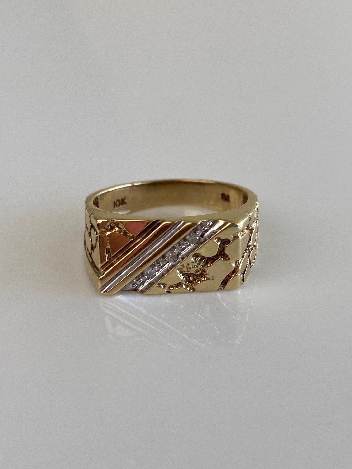 Vintage Solid 10k White & Yellow Gold Diamonds Nugget Texture Signet Ring Band - Size 10.25