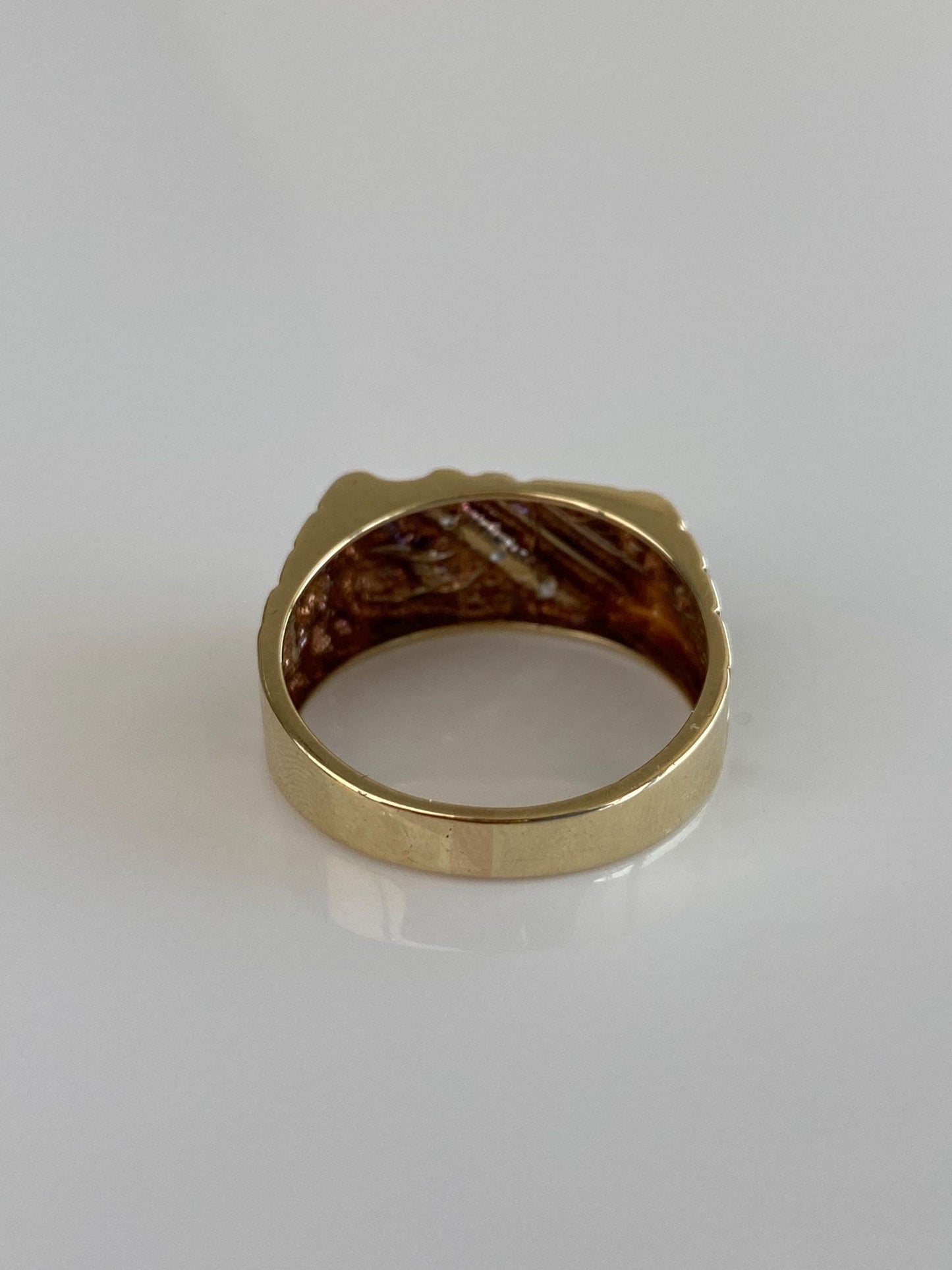 Vintage Solid 10k White & Yellow Gold Diamonds Nugget Texture Signet Ring Band - Size 10.25