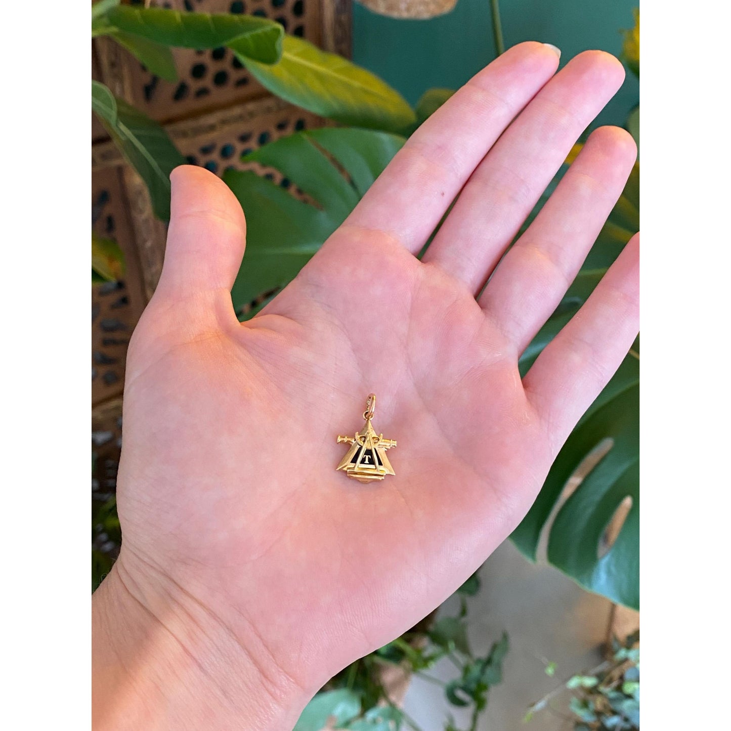 Vintage Solid 10k Yellow Gold Black Enamel T Charm