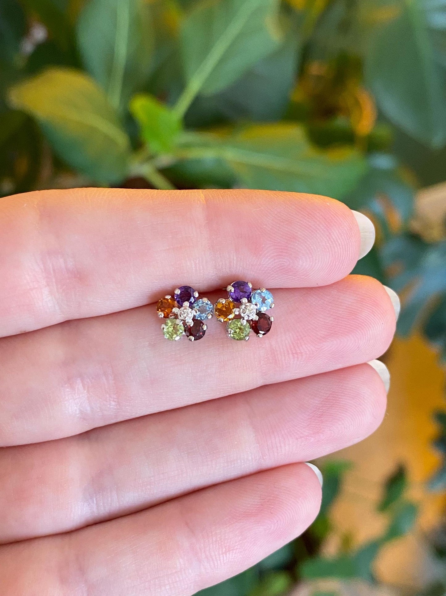 Vintage Solid 14k White Gold Garnet Citrine Peridot Aquamarine Amethyst Clear Sapphire Flower Stud Earrings