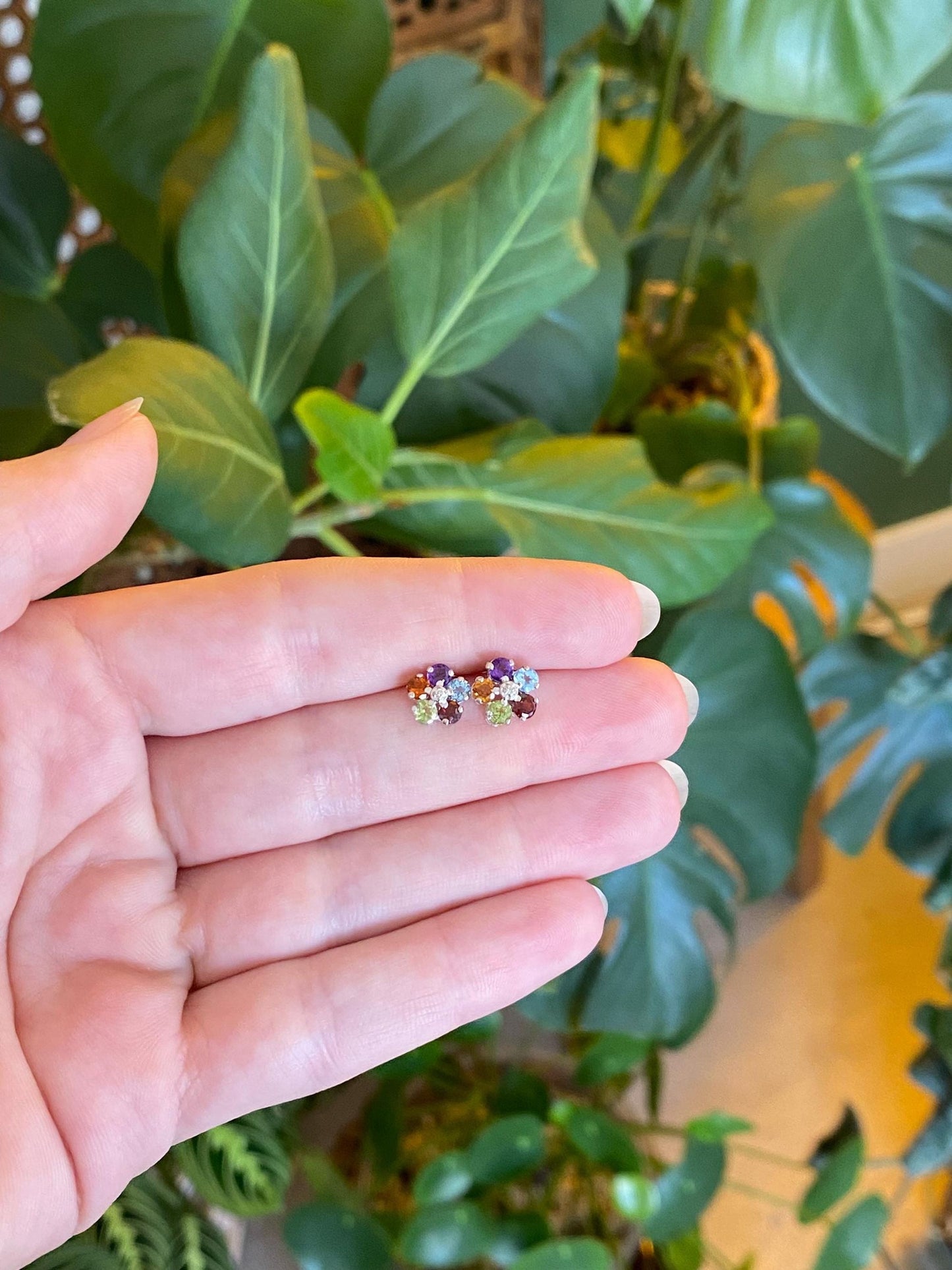 Vintage Solid 14k White Gold Garnet Citrine Peridot Aquamarine Amethyst Clear Sapphire Flower Stud Earrings