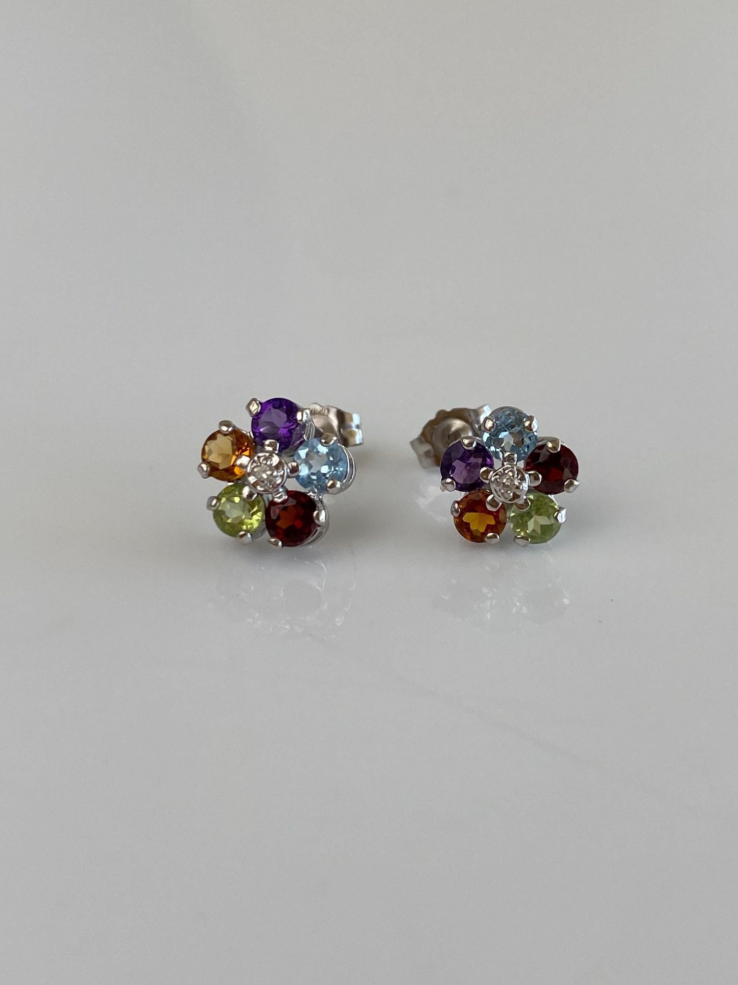 Vintage Solid 14k White Gold Garnet Citrine Peridot Aquamarine Amethyst Clear Sapphire Flower Stud Earrings