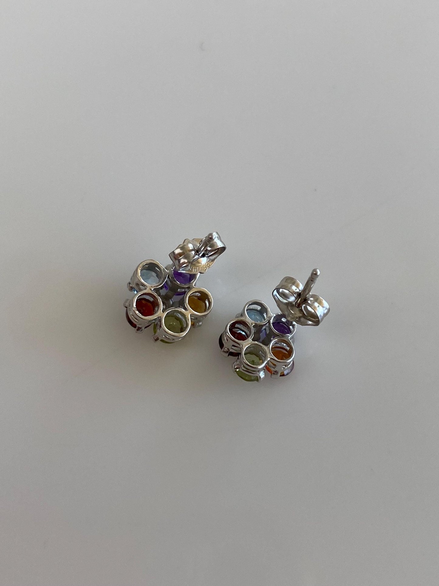 Vintage Solid 14k White Gold Garnet Citrine Peridot Aquamarine Amethyst Clear Sapphire Flower Stud Earrings