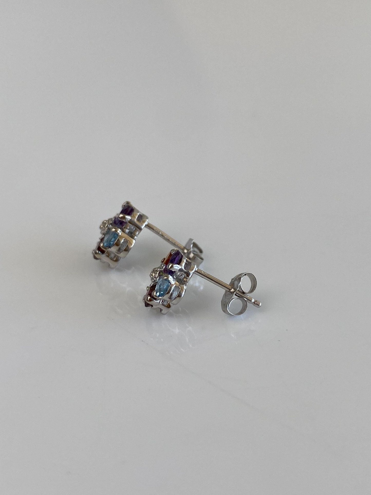 Vintage Solid 14k White Gold Garnet Citrine Peridot Aquamarine Amethyst Clear Sapphire Flower Stud Earrings
