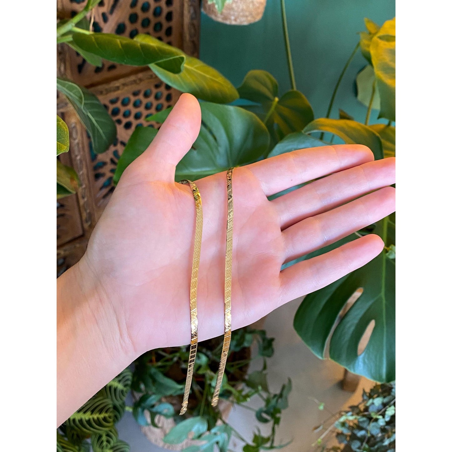 Vintage Solid 14k Yellow Gold Lined Patterned Herringbone Chain Necklace - 20.75 inches