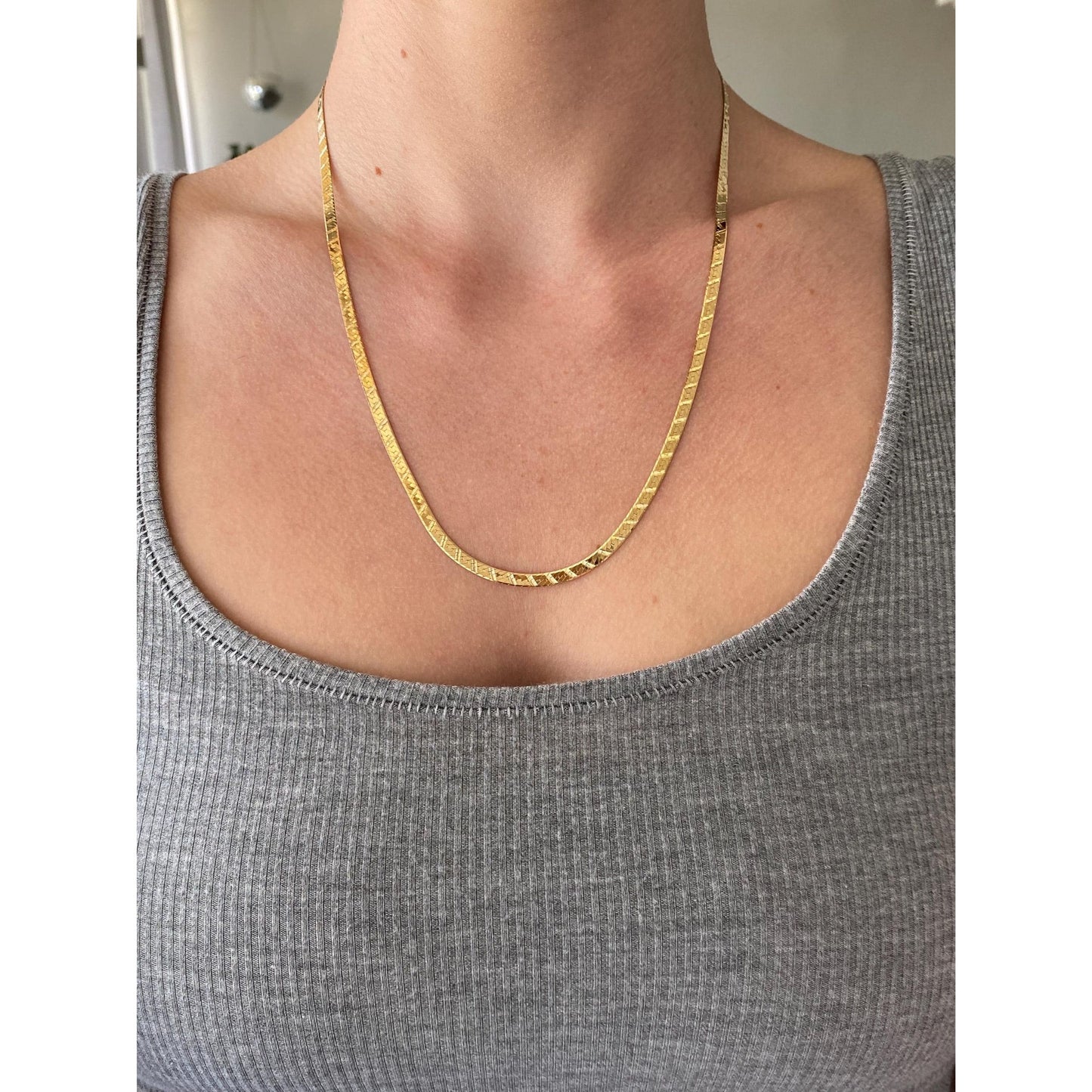 Vintage Solid 14k Yellow Gold Lined Patterned Herringbone Chain Necklace - 20.75 inches