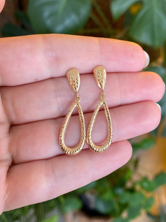 Vintage Solid 14k Yellow Gold Diamond Cut Teardrop Dangle Stud Earrings