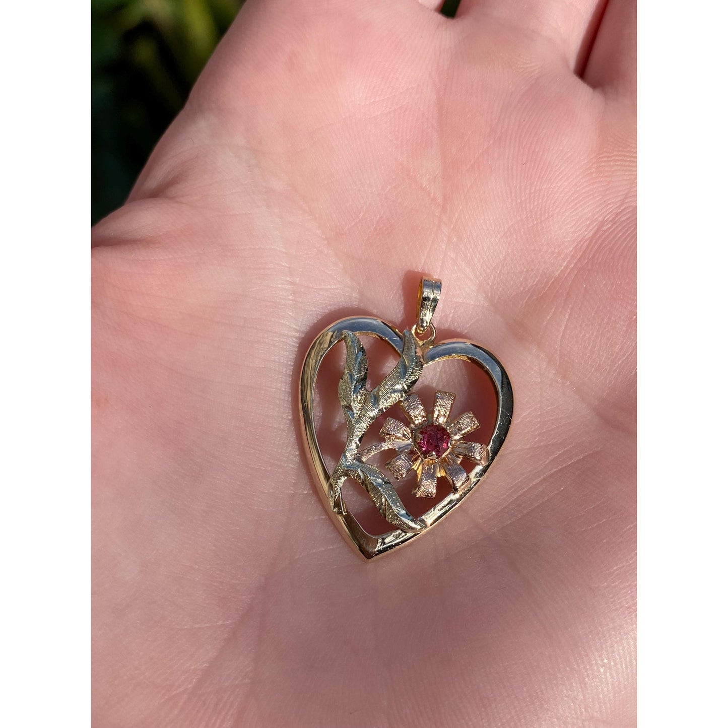 Vintage Solid 14k Multi Tone Gold Pink Cubic Zirconia Flower Heart Charm