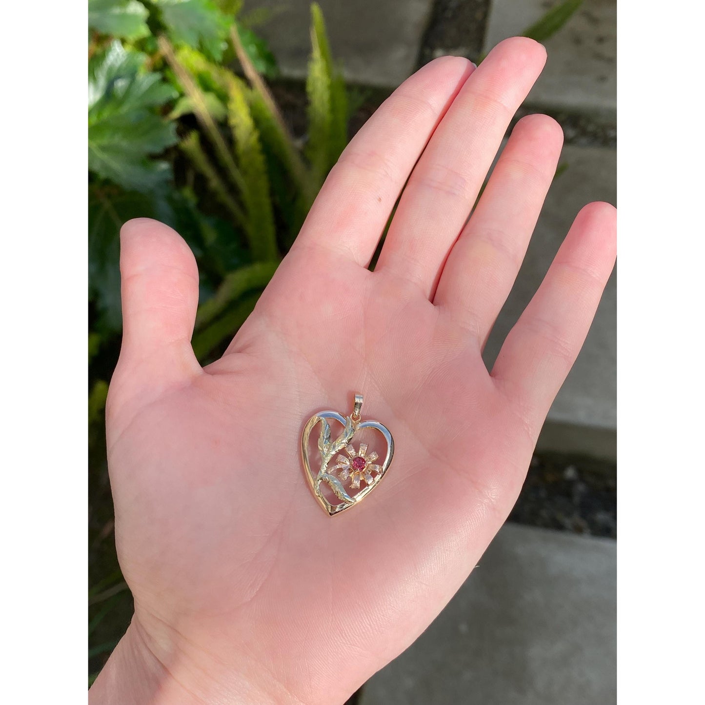 Vintage Solid 14k Multi Tone Gold Pink Cubic Zirconia Flower Heart Charm