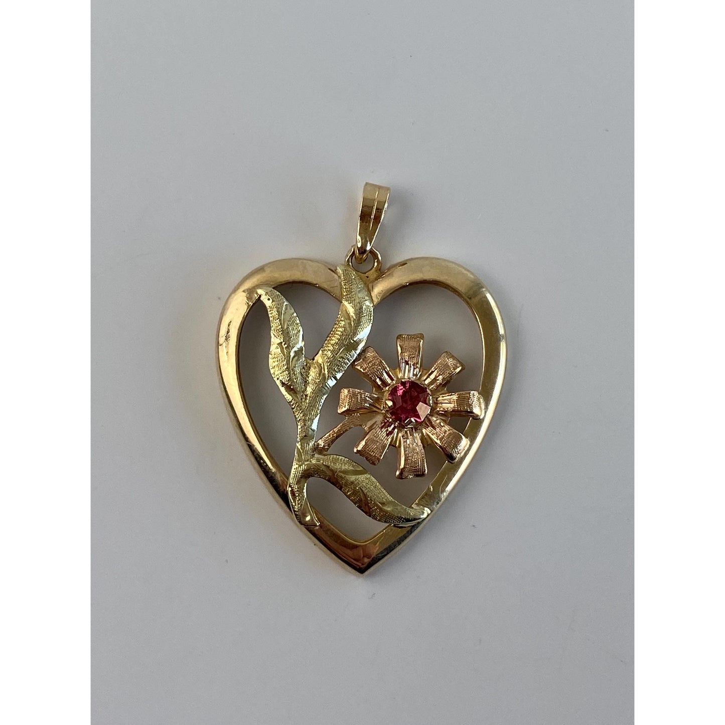 Vintage Solid 14k Multi Tone Gold Pink Cubic Zirconia Flower Heart Charm