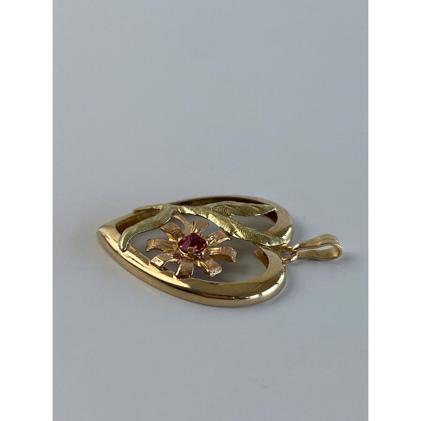 Vintage Solid 14k Multi Tone Gold Pink Cubic Zirconia Flower Heart Charm