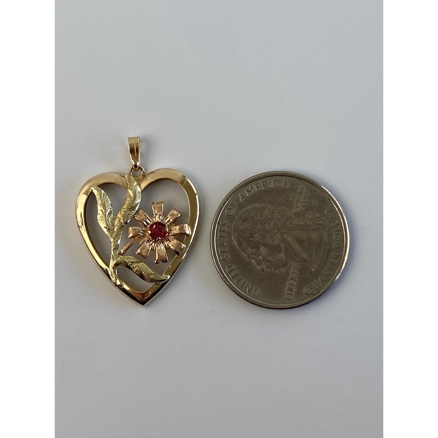 Vintage Solid 14k Multi Tone Gold Pink Cubic Zirconia Flower Heart Charm