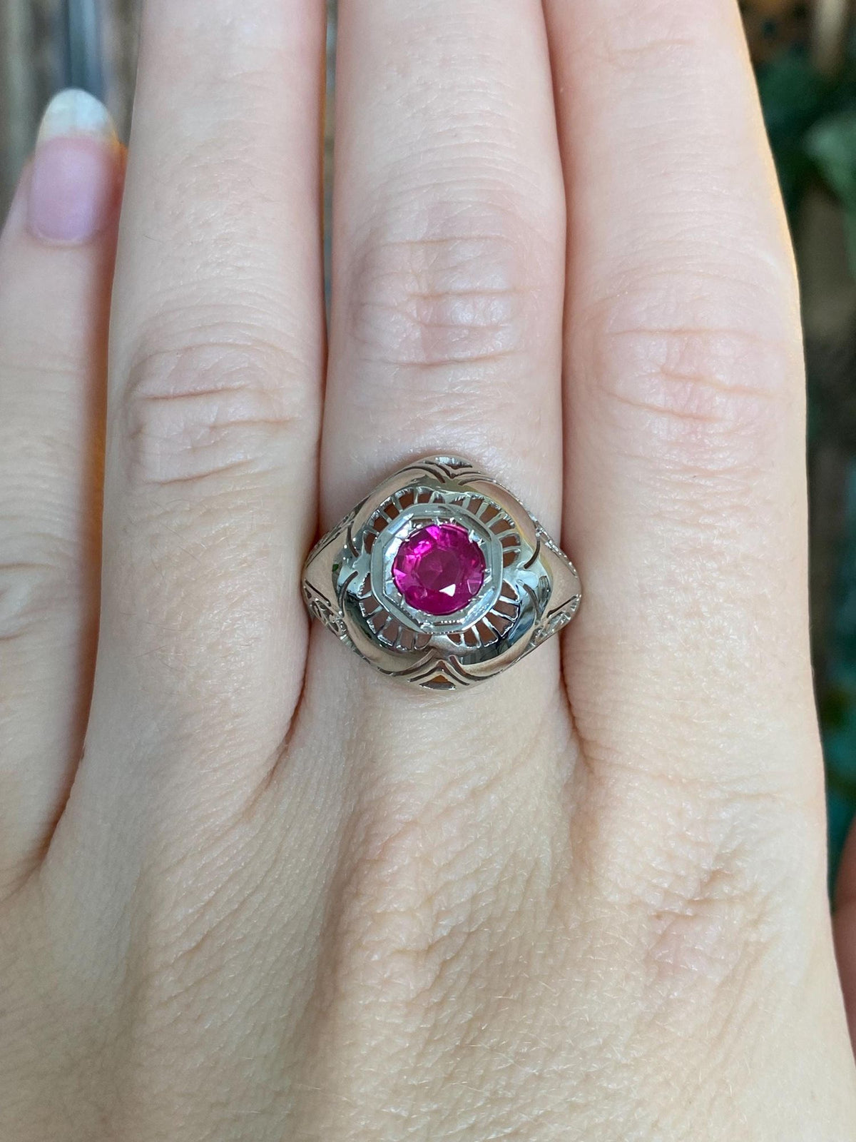 Vintage Solid 14k White Gold Pink Sapphire Domed Art Deco Ring - Size 8