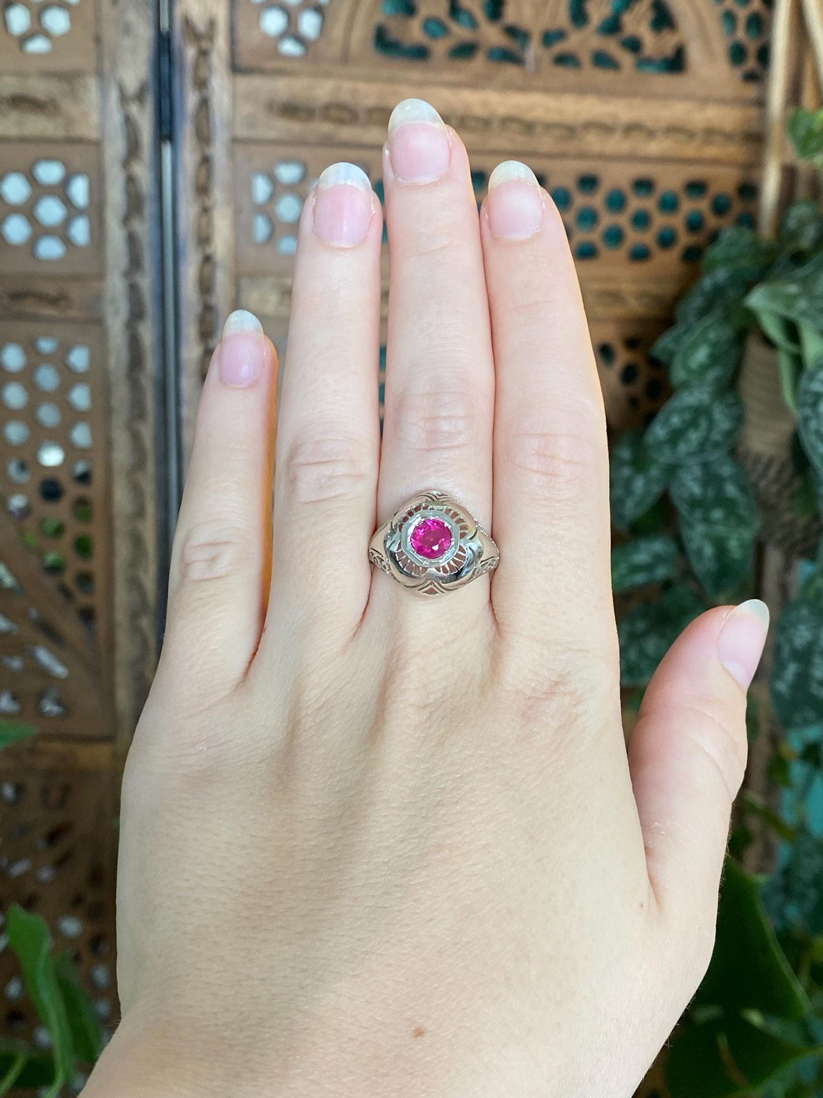 Vintage Solid 14k White Gold Pink Sapphire Domed Art Deco Ring - Size 8