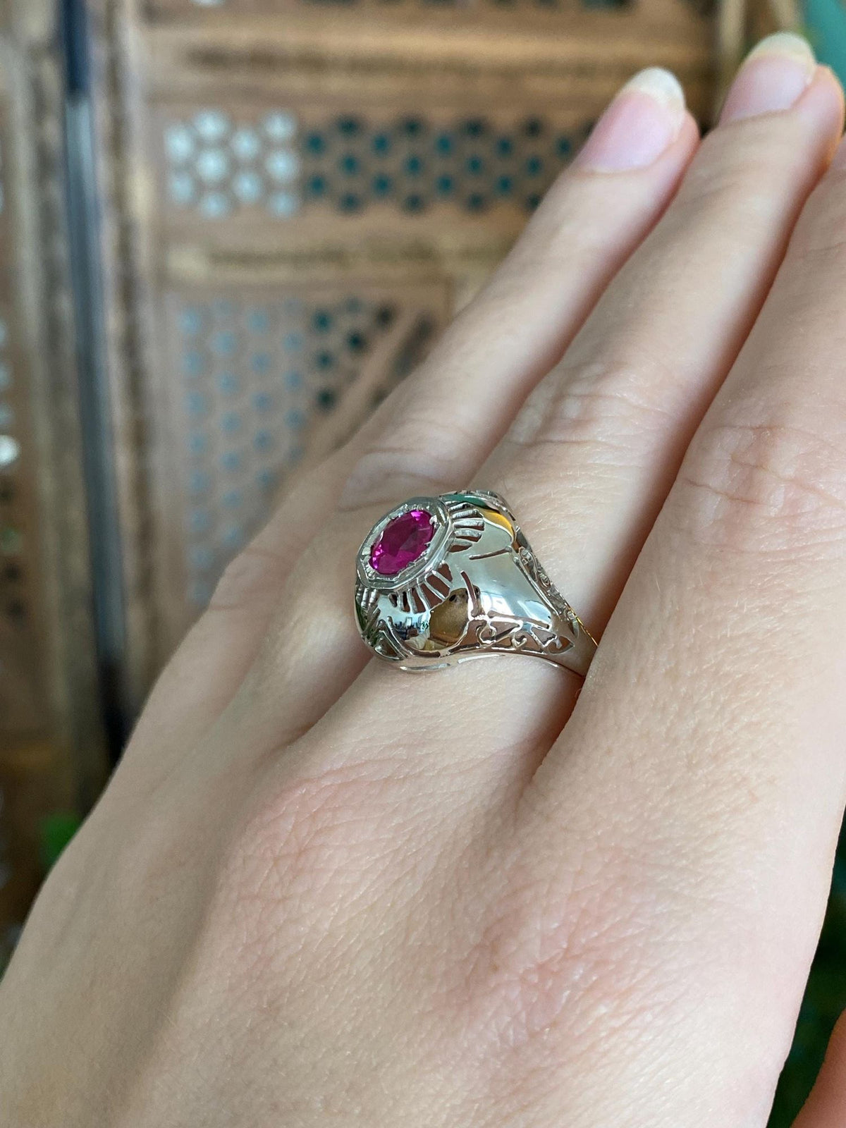 Vintage Solid 14k White Gold Pink Sapphire Domed Art Deco Ring - Size 8