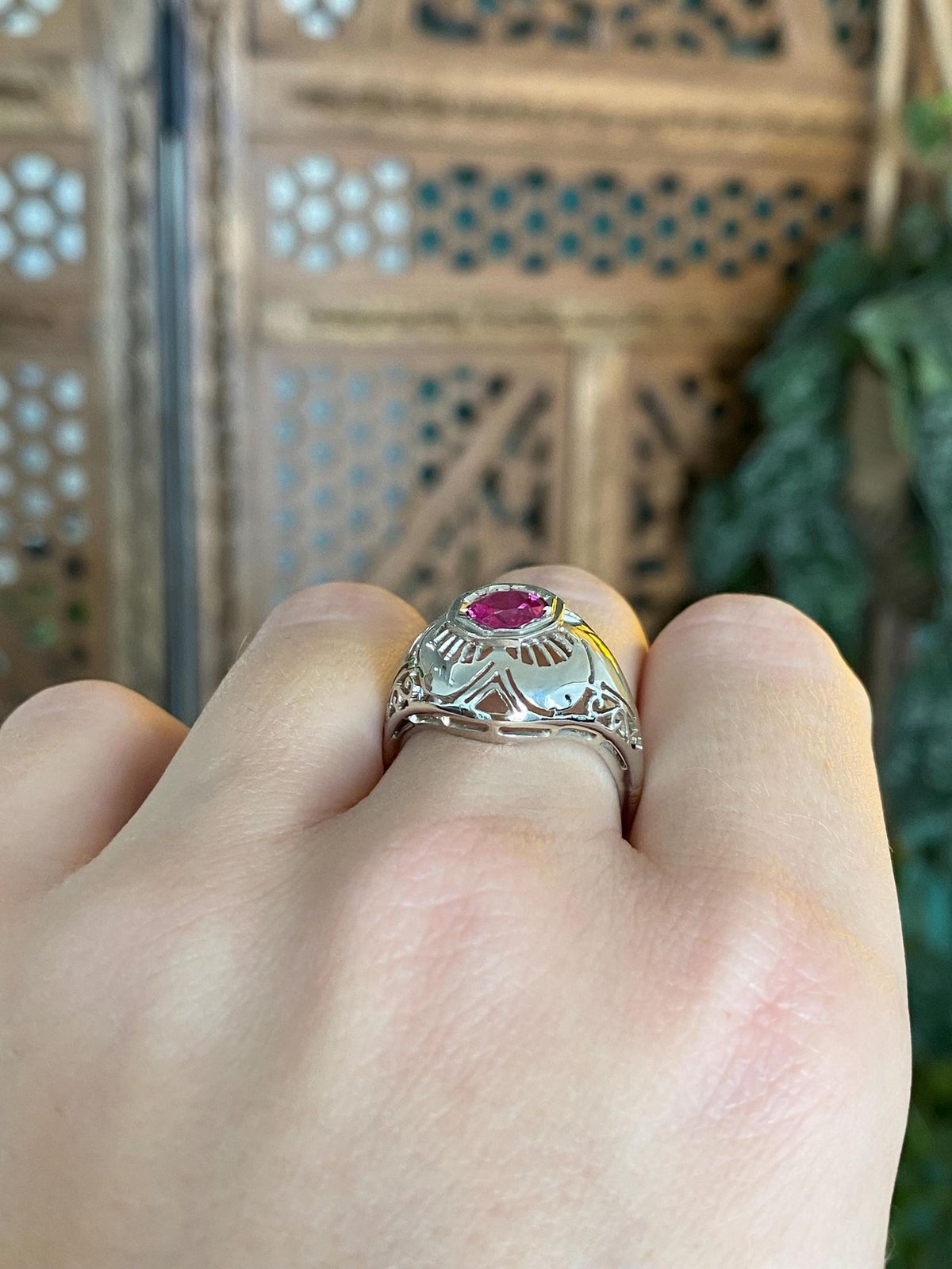 Vintage Solid 14k White Gold Pink Sapphire Domed Art Deco Ring - Size 8