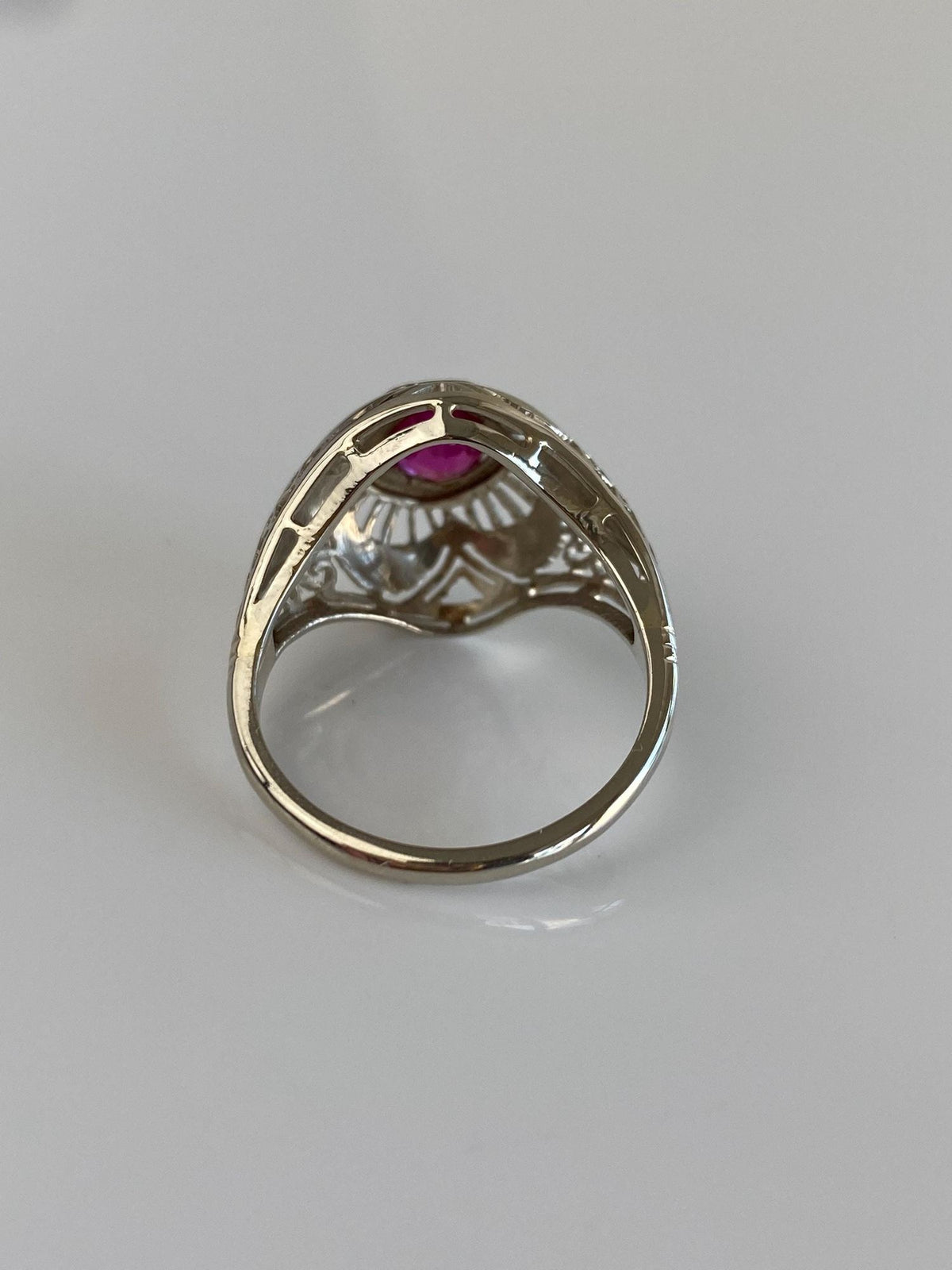 Vintage Solid 14k White Gold Pink Sapphire Domed Art Deco Ring - Size 8