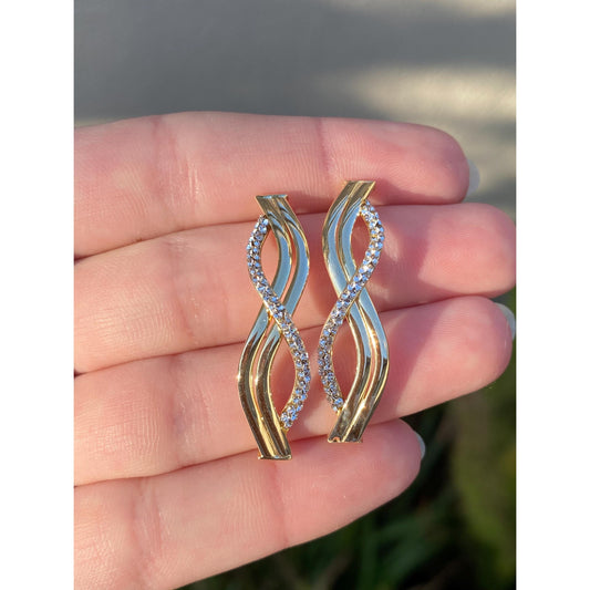 Vintage Solid 14k Yellow Gold Cubic Zirconia Long Twist Drop Earrings