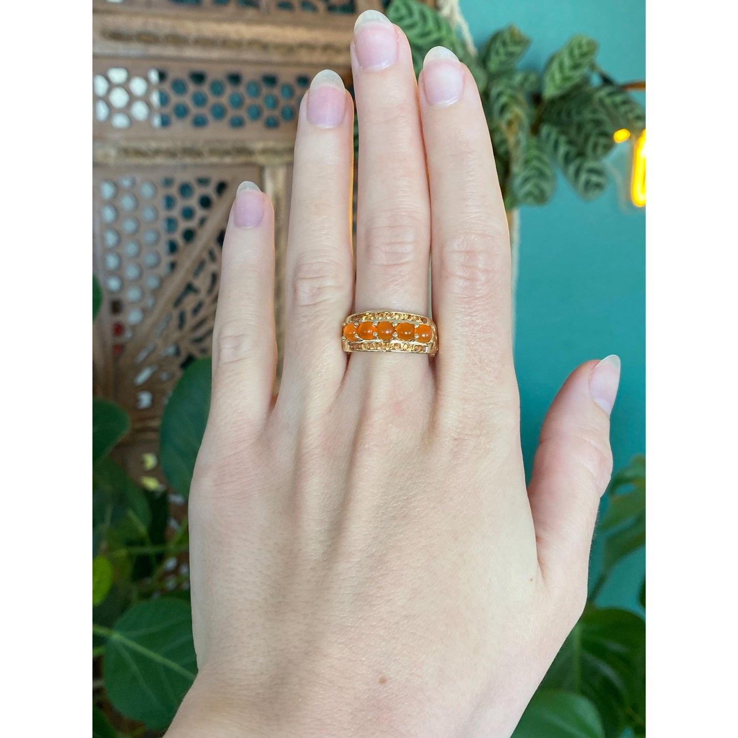 Solid 14k Yellow Gold Matte Citrine Orange Chalcedony Row Ring - Size 7.75