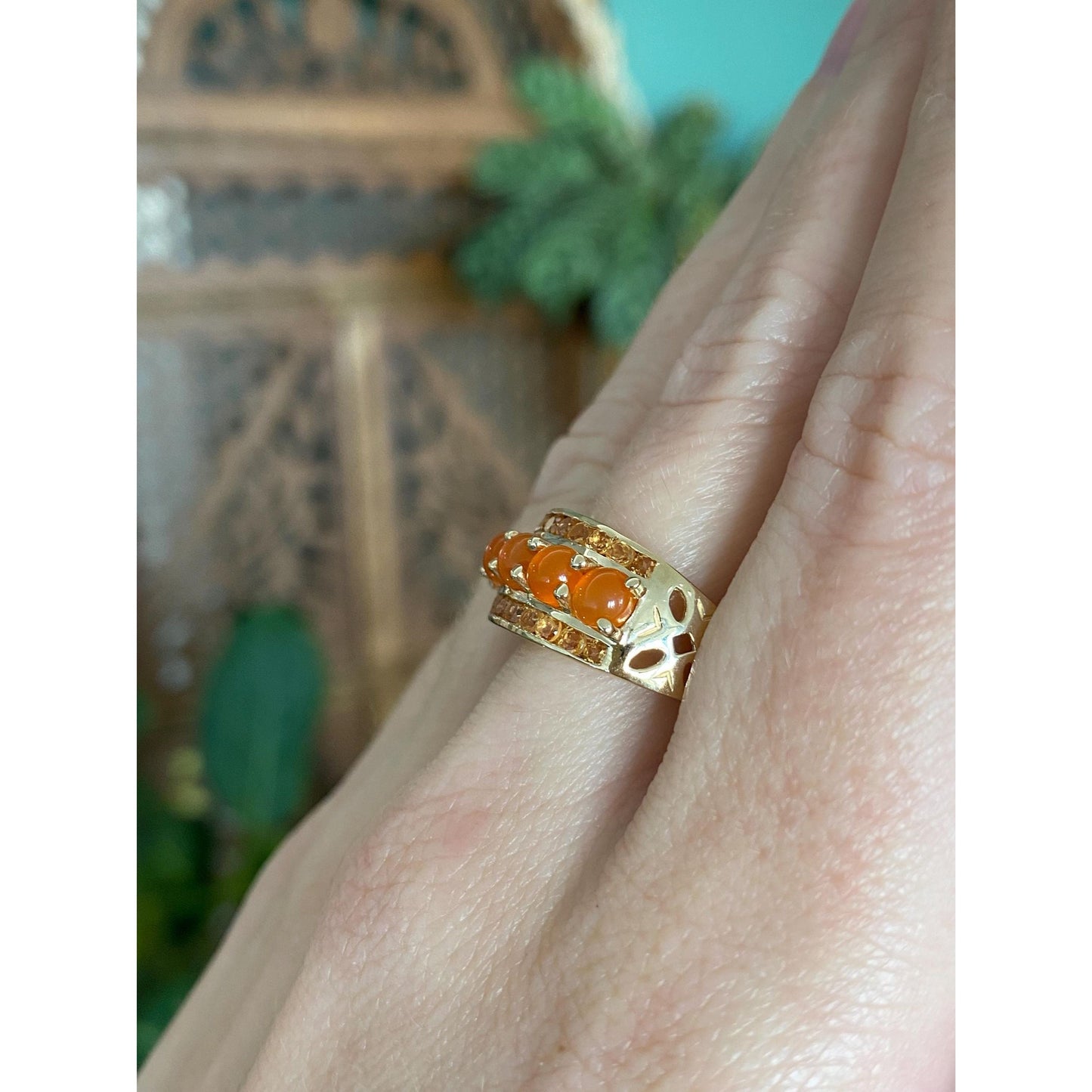 Solid 14k Yellow Gold Matte Citrine Orange Chalcedony Row Ring - Size 7.75