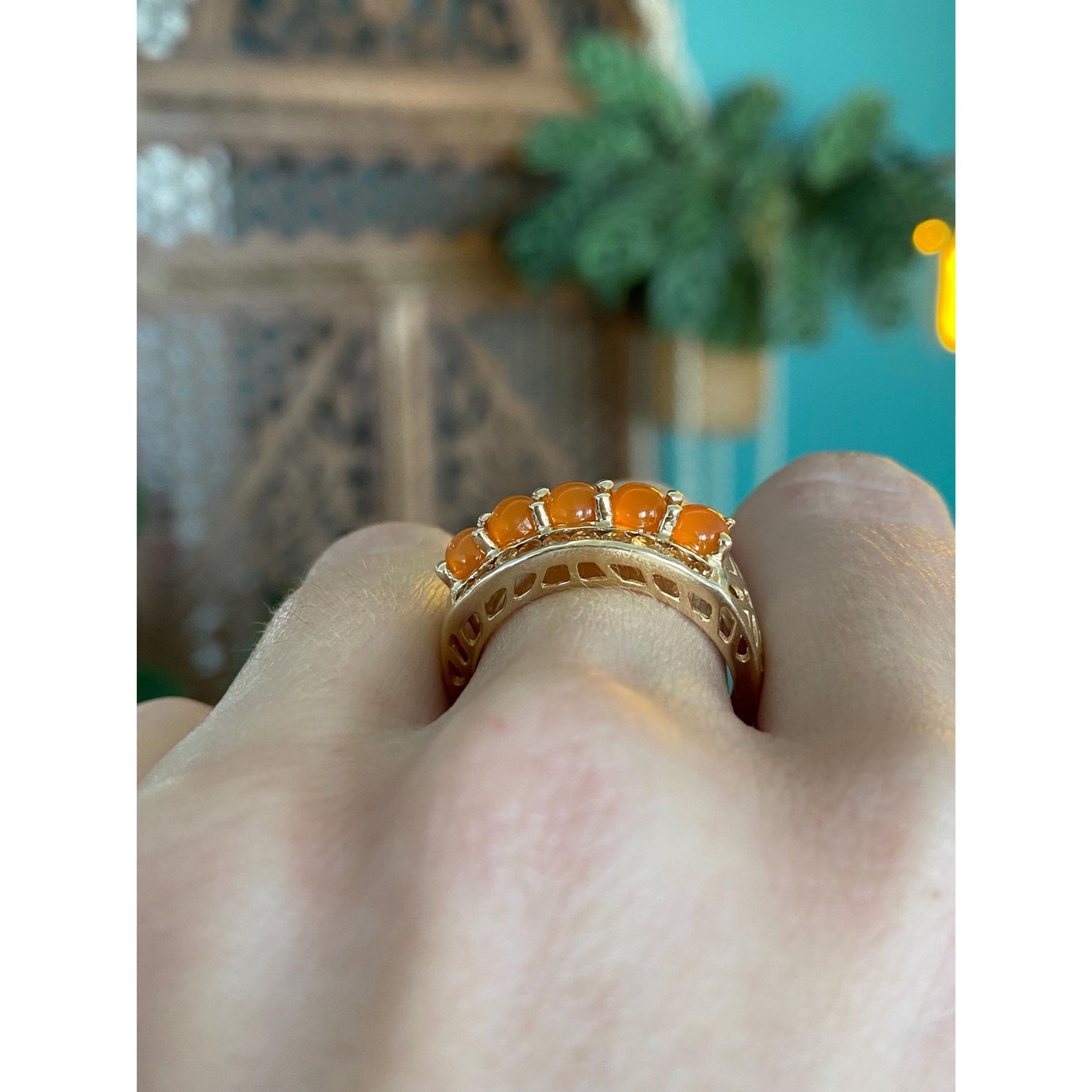 Solid 14k Yellow Gold Matte Citrine Orange Chalcedony Row Ring - Size 7.75