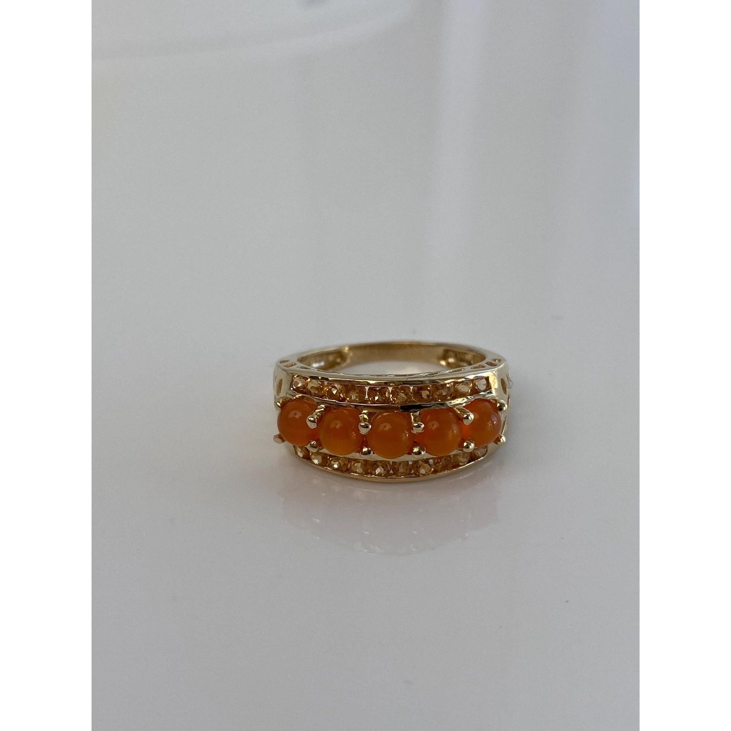 Solid 14k Yellow Gold Matte Citrine Orange Chalcedony Row Ring - Size 7.75