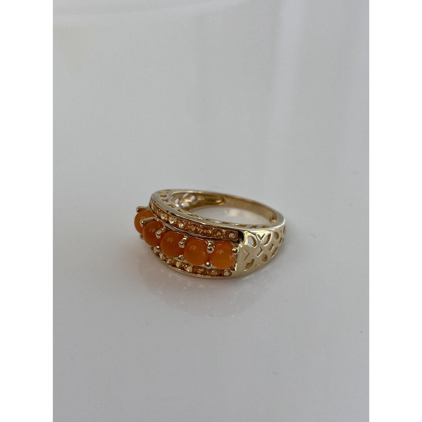 Solid 14k Yellow Gold Matte Citrine Orange Chalcedony Row Ring - Size 7.75
