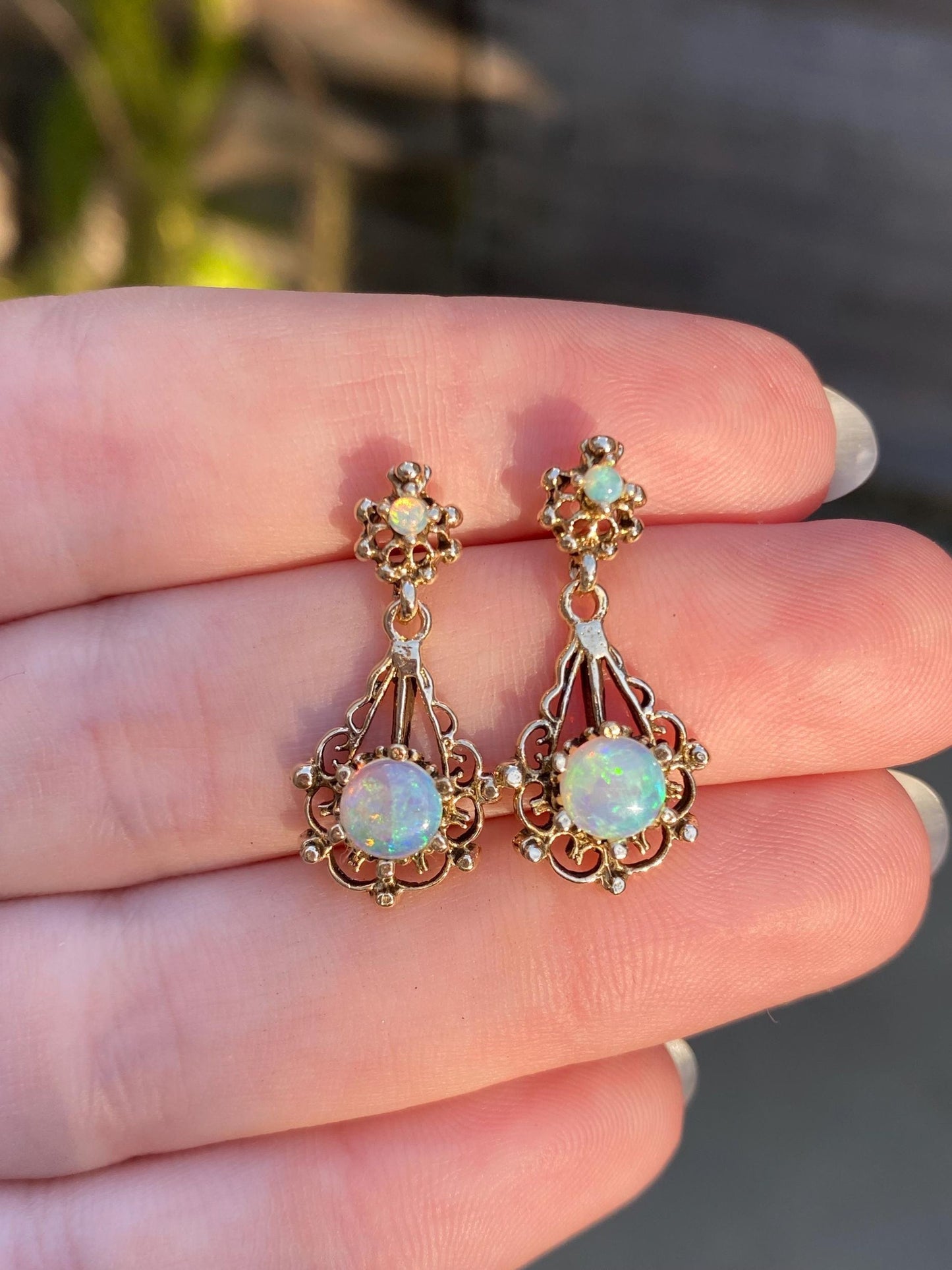 Vintage Solid 14k Yellow Gold Opal Ornate Dangle Stud Earrings