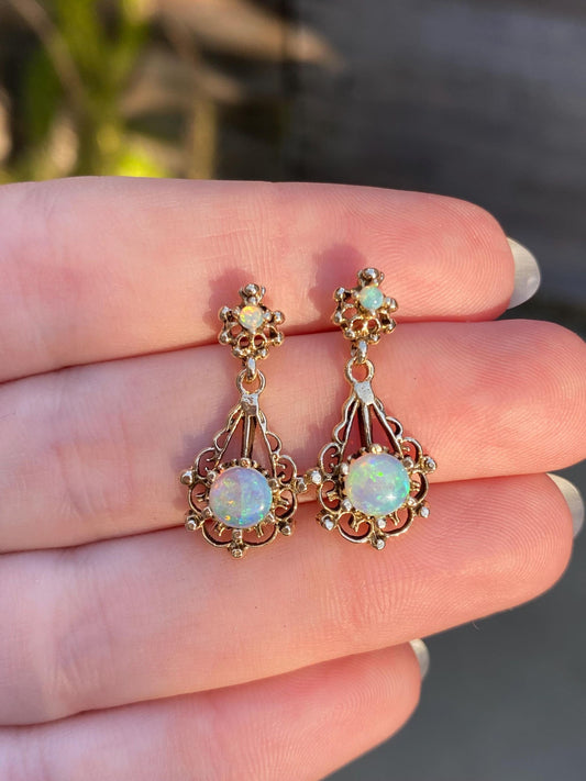 Vintage Solid 14k Yellow Gold Opal Ornate Dangle Stud Earrings