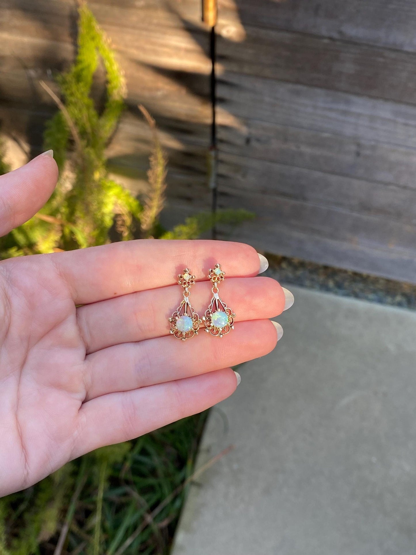 Vintage Solid 14k Yellow Gold Opal Ornate Dangle Stud Earrings