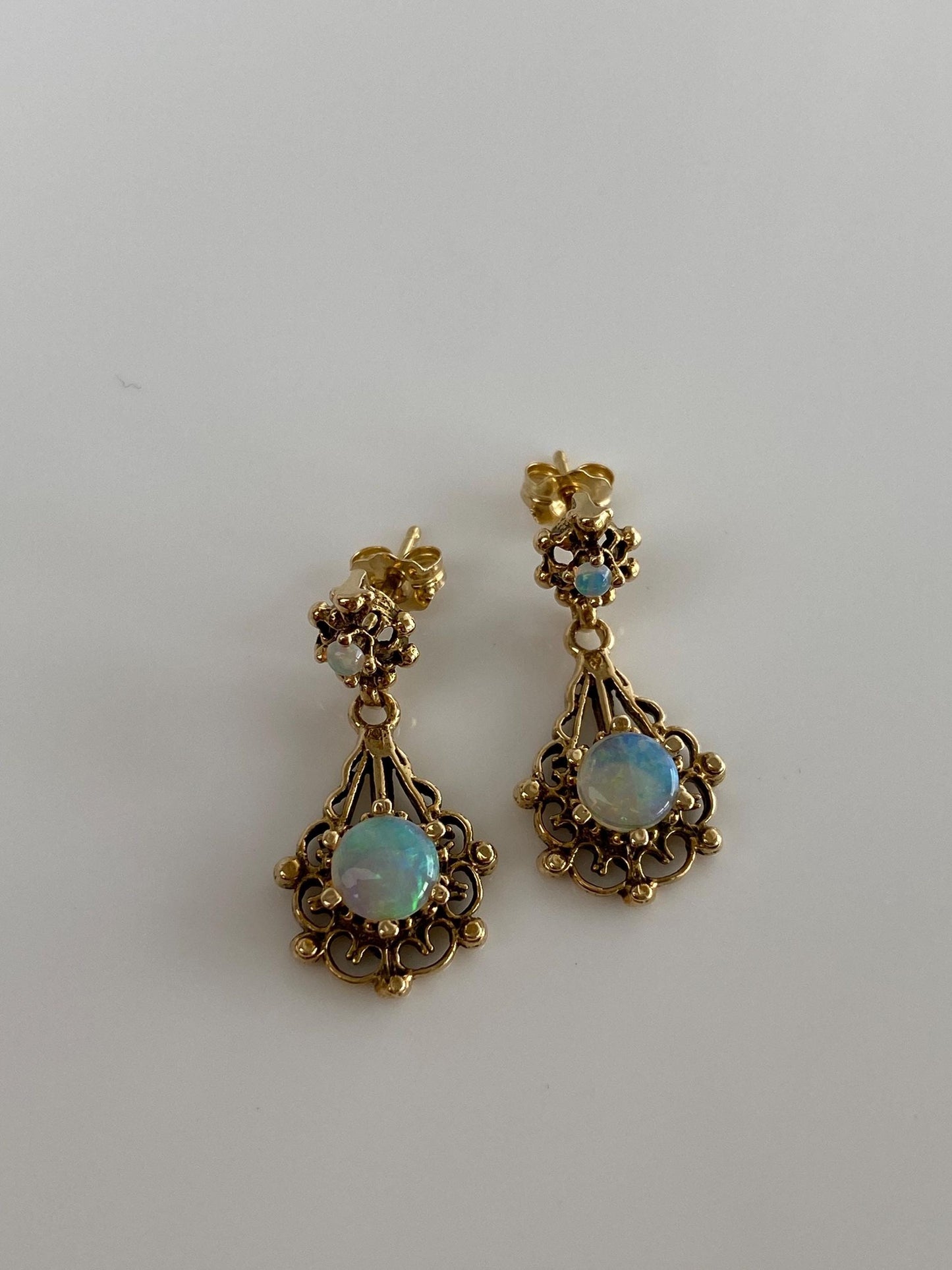 Vintage Solid 14k Yellow Gold Opal Ornate Dangle Stud Earrings