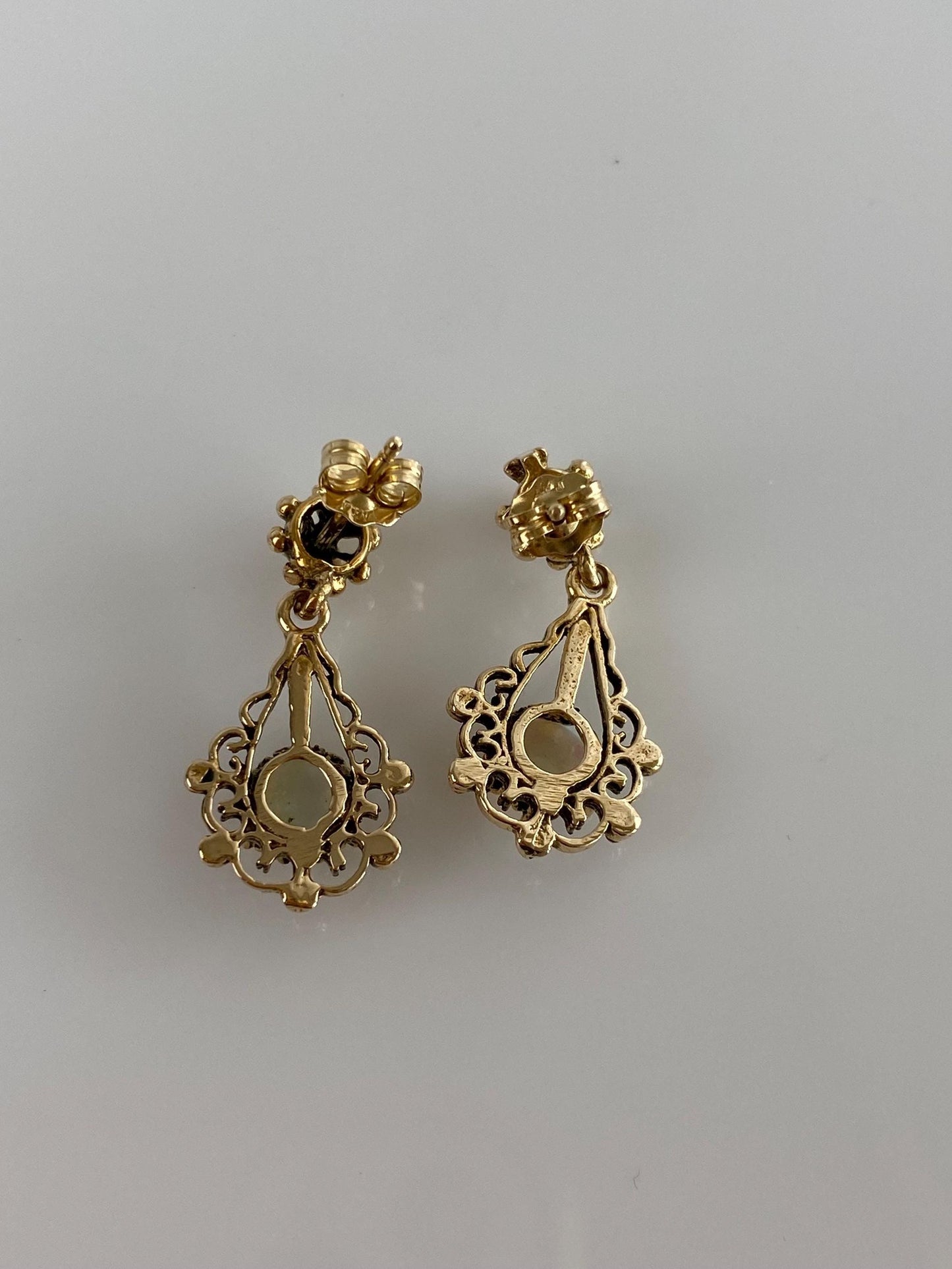 Vintage Solid 14k Yellow Gold Opal Ornate Dangle Stud Earrings