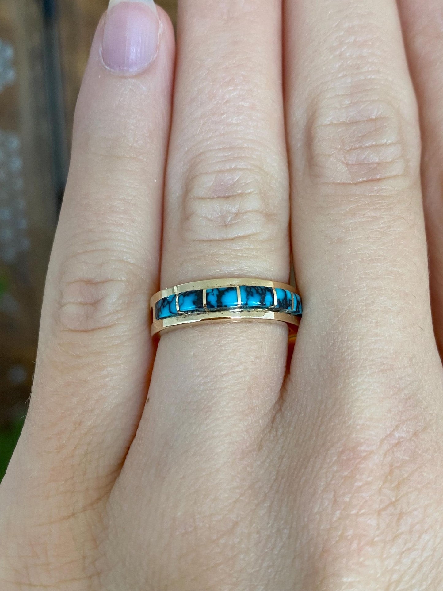 Vintage Solid 14k Yellow Gold Patrick Smith Turquoise Inlay  Ring - Size 5.5