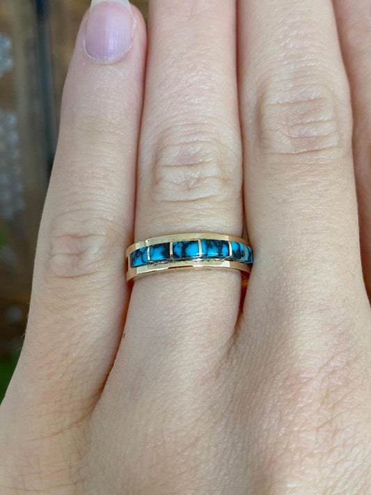 Vintage Solid 14k Yellow Gold Patrick Smith Turquoise Inlay  Ring - Size 5.5