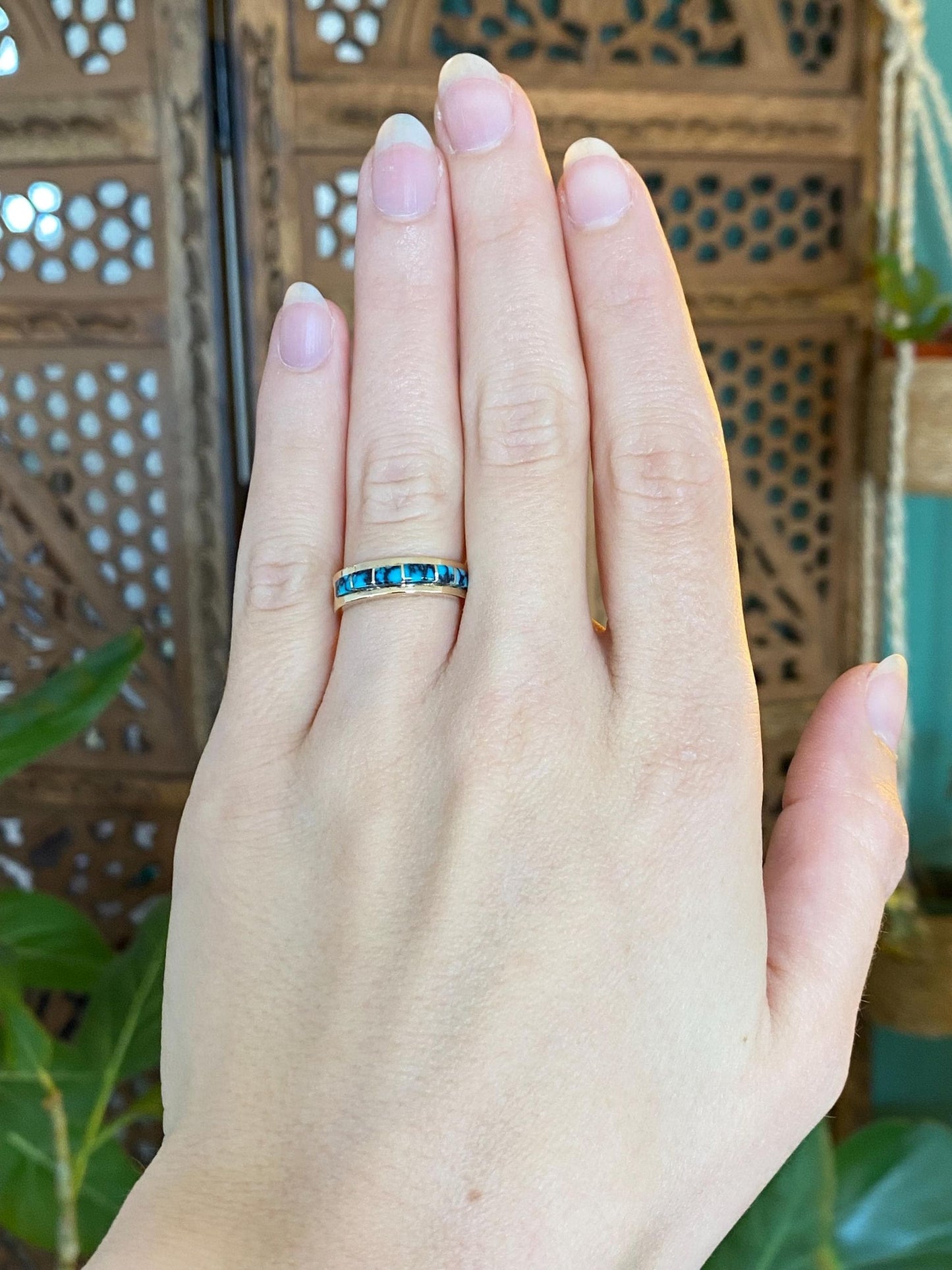 Vintage Solid 14k Yellow Gold Patrick Smith Turquoise Inlay  Ring - Size 5.5