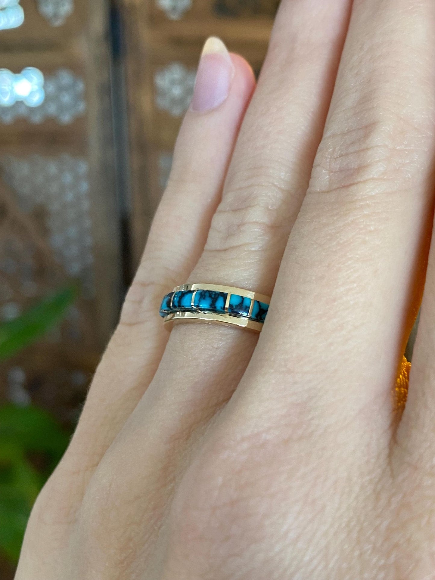 Vintage Solid 14k Yellow Gold Patrick Smith Turquoise Inlay  Ring - Size 5.5