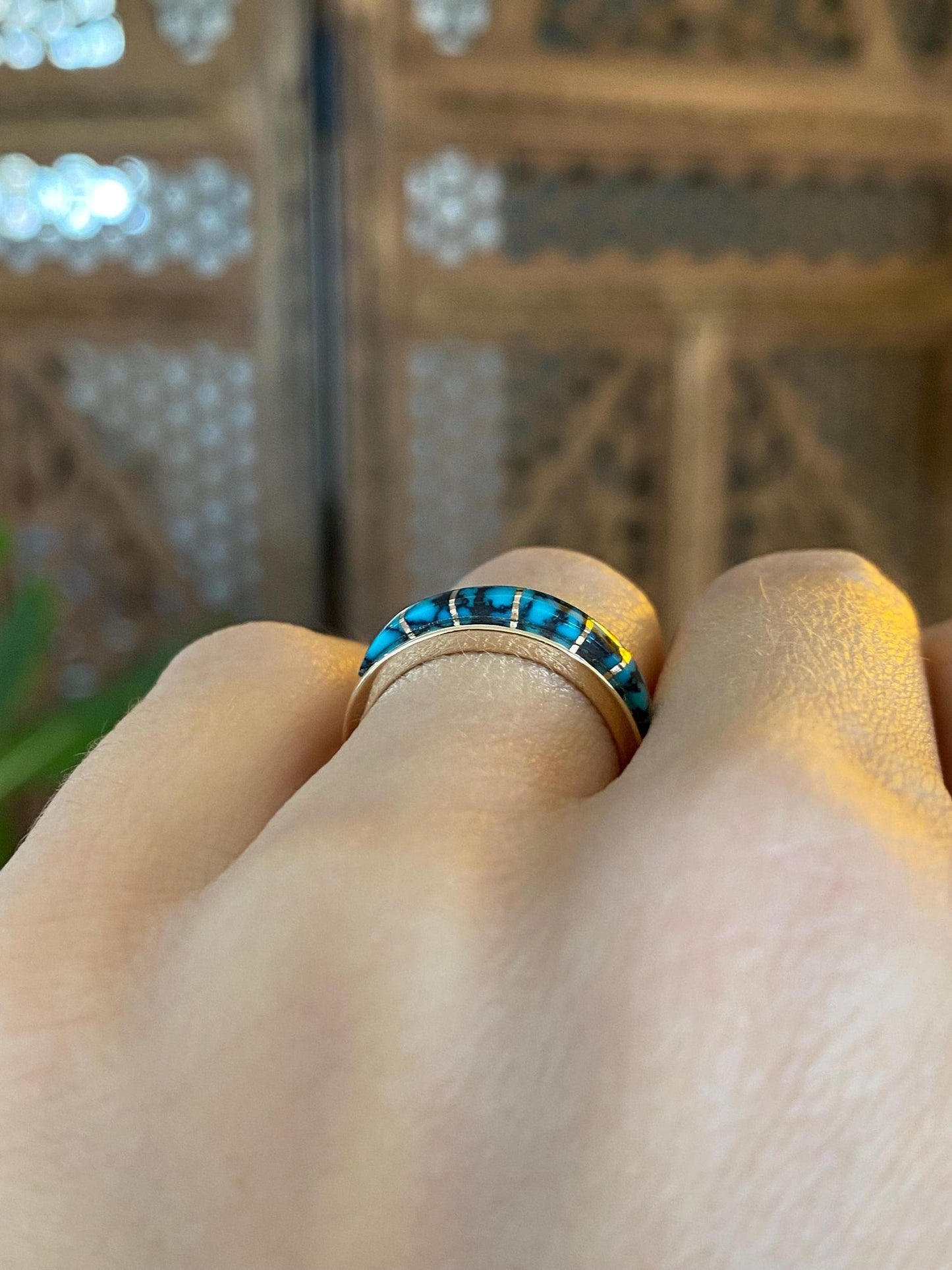 Vintage Solid 14k Yellow Gold Patrick Smith Turquoise Inlay  Ring - Size 5.5