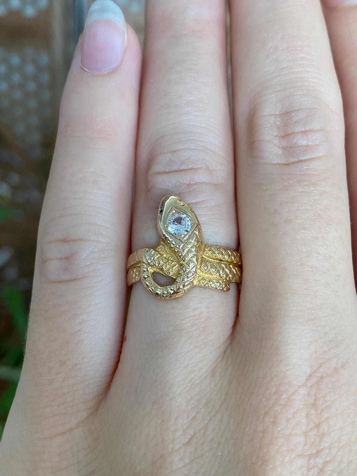 Vintage Solid 14k Yellow Gold Clear Sapphire Snake Ring - Size 6
