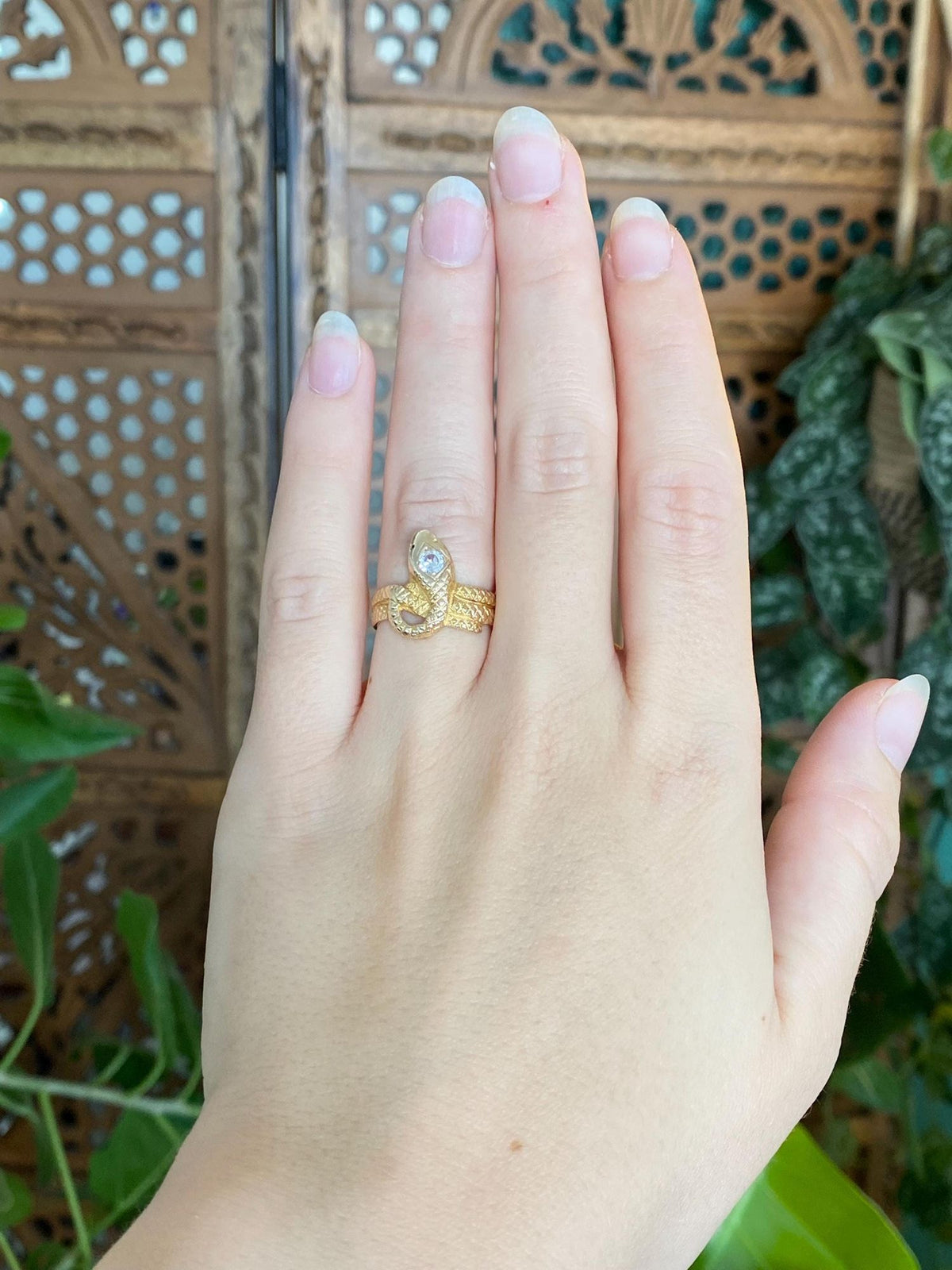Vintage Solid 14k Yellow Gold Clear Sapphire Snake Ring - Size 6