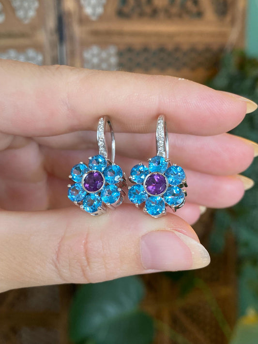 Vintage Solid 18k White Gold Amethyst Topaz Halo Diamond Flower Drop Earrings