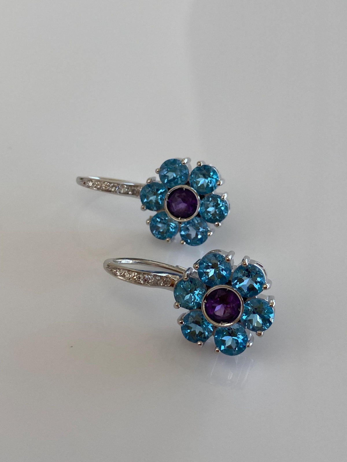 Vintage Solid 18k White Gold Amethyst Topaz Halo Diamond Flower Drop Earrings