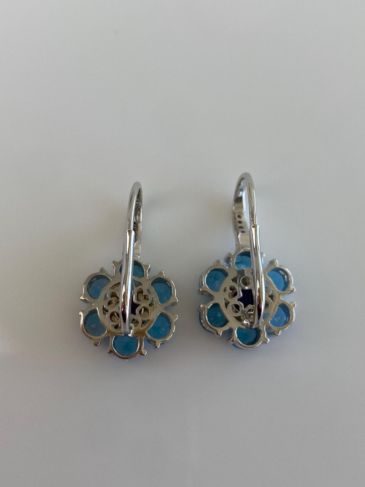 Vintage Solid 18k White Gold Amethyst Topaz Halo Diamond Flower Drop Earrings