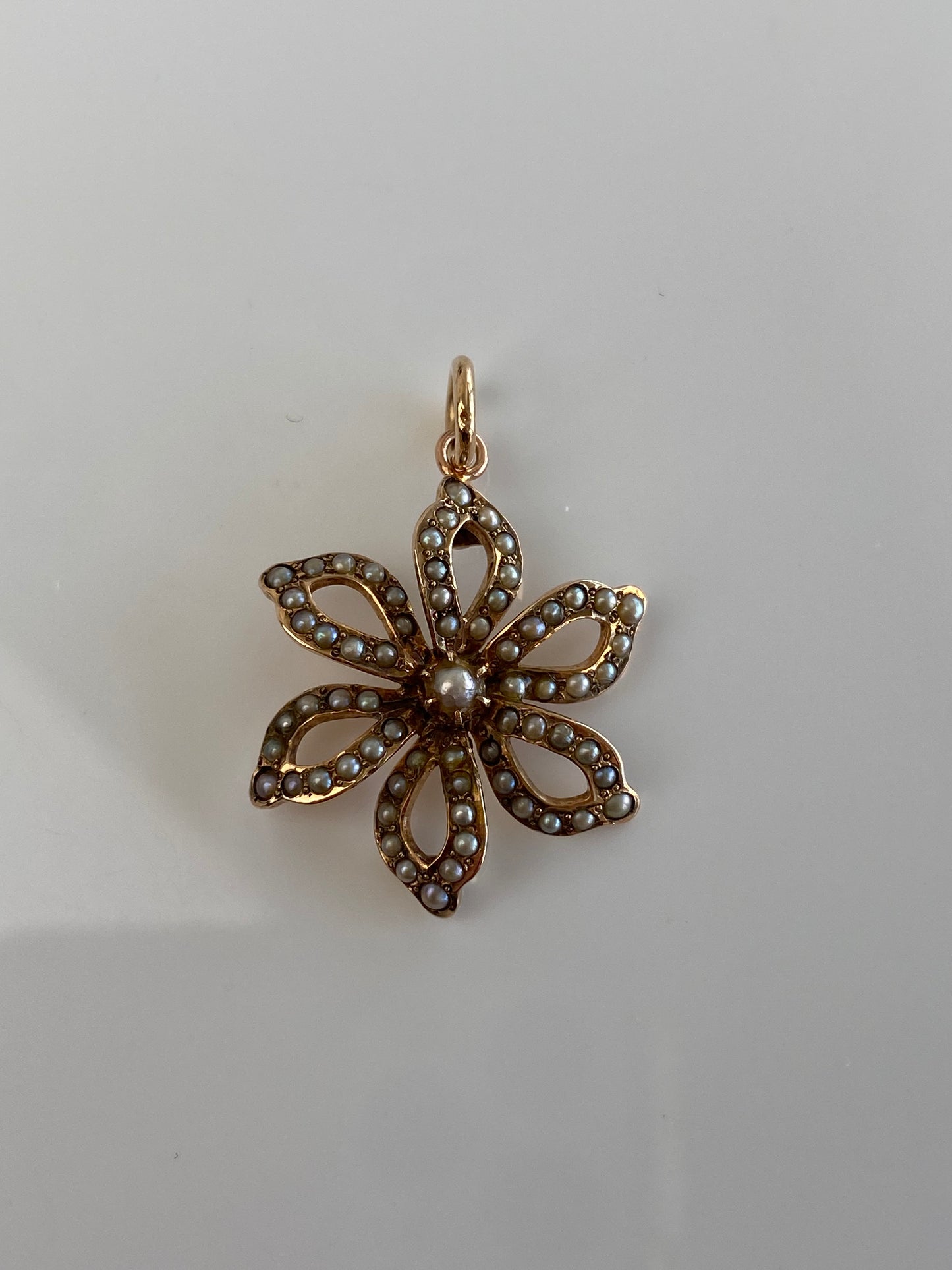 Vintage Solid 10k Rosey Gold Seed Pearls Flower Charm
