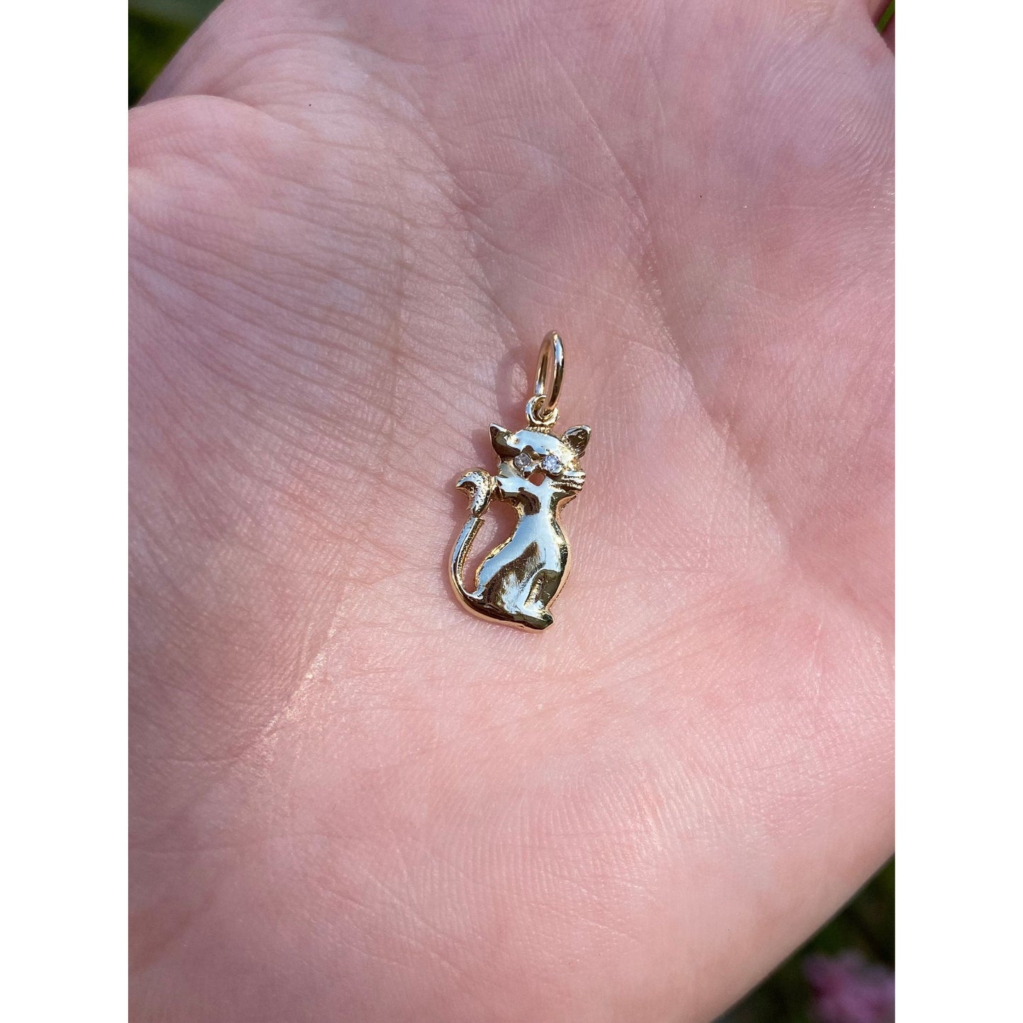 Vintage Solid 14k Yellow Gold Diamond Eyes Cat Charm
