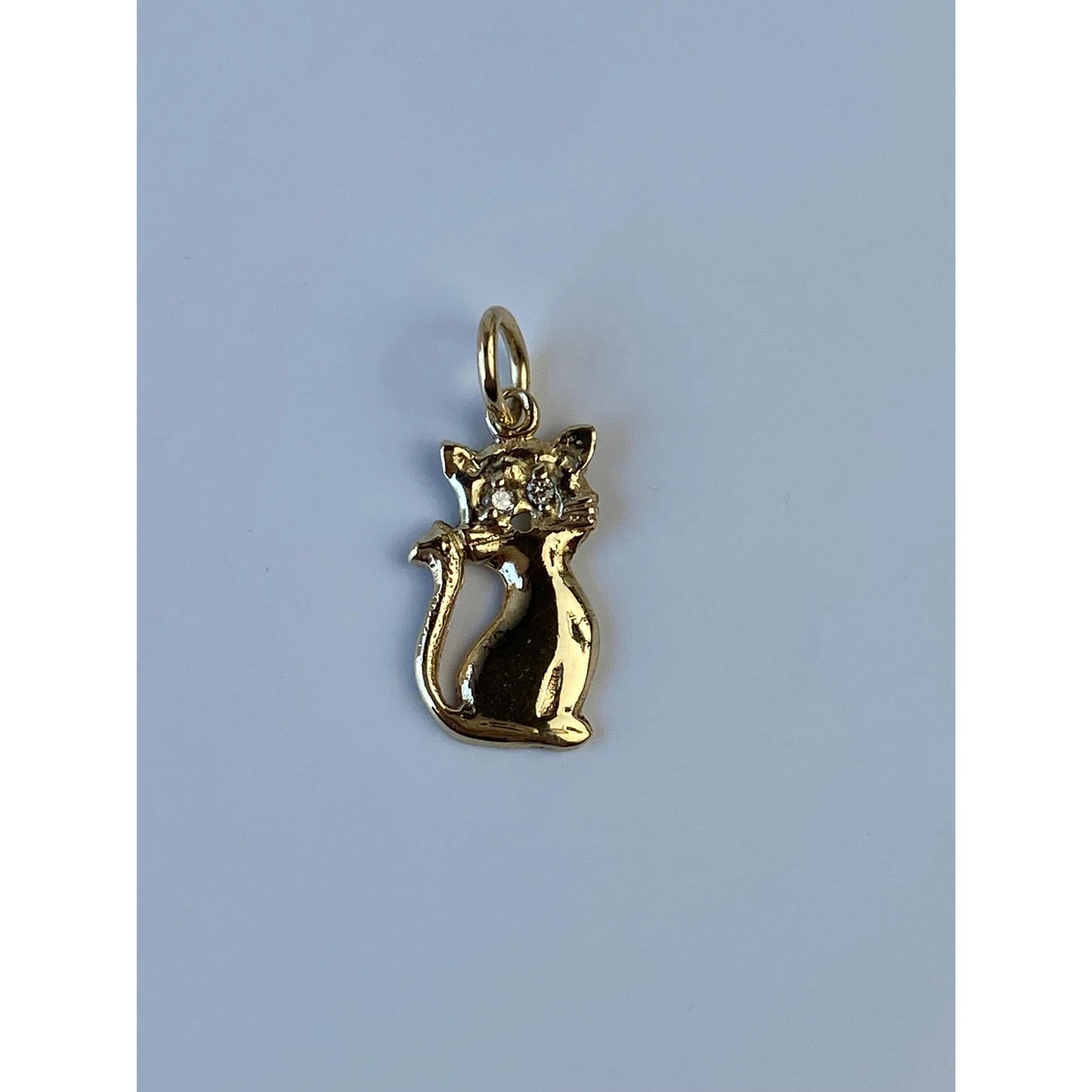 Vintage Solid 14k Yellow Gold Diamond Eyes Cat Charm